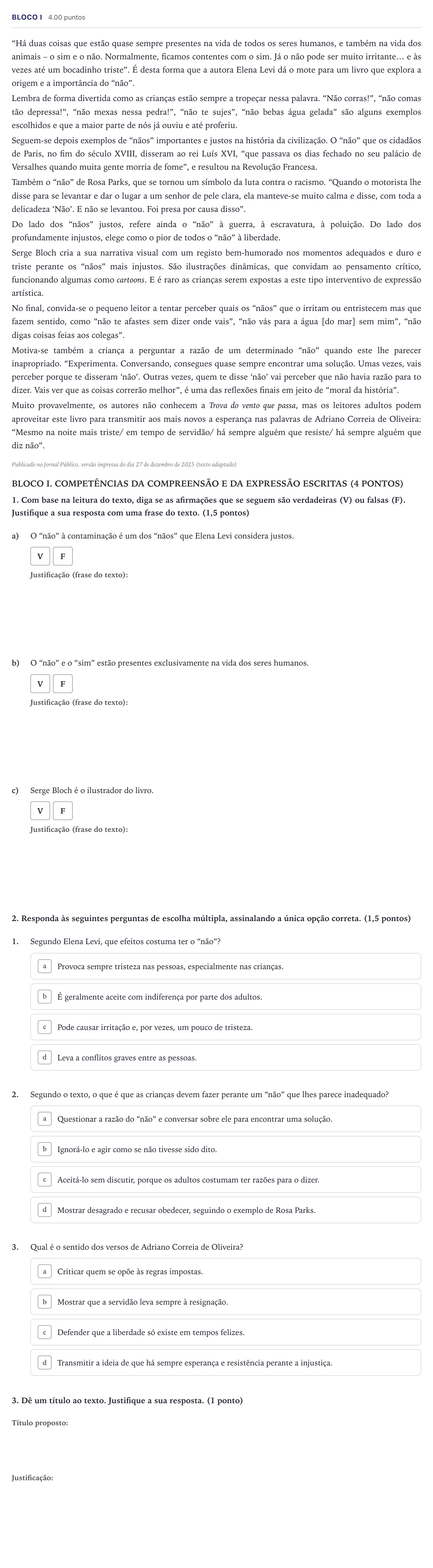 Enunciado: Ejercicio Bloco I · Portugués PAU Madrid Extraordinaria (2ª lengua) 2026