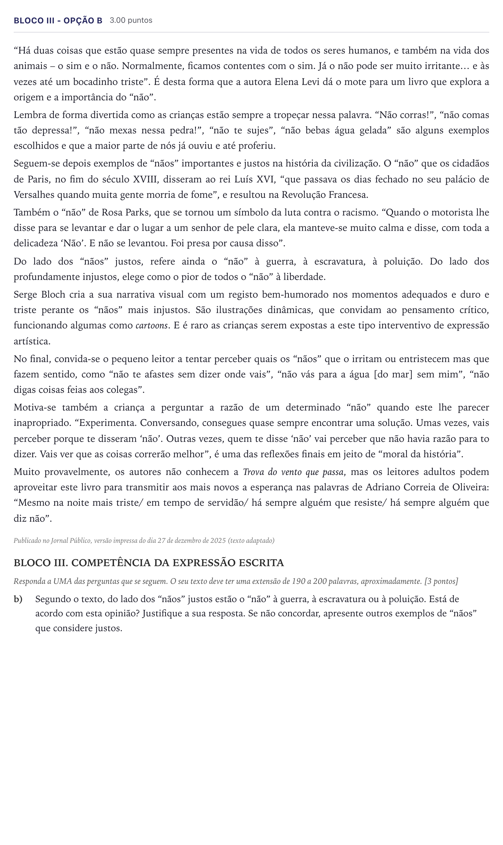 Enunciado: Ejercicio Bloco III - Opção b · Portugués PAU Madrid Extraordinaria (2ª lengua) 2026