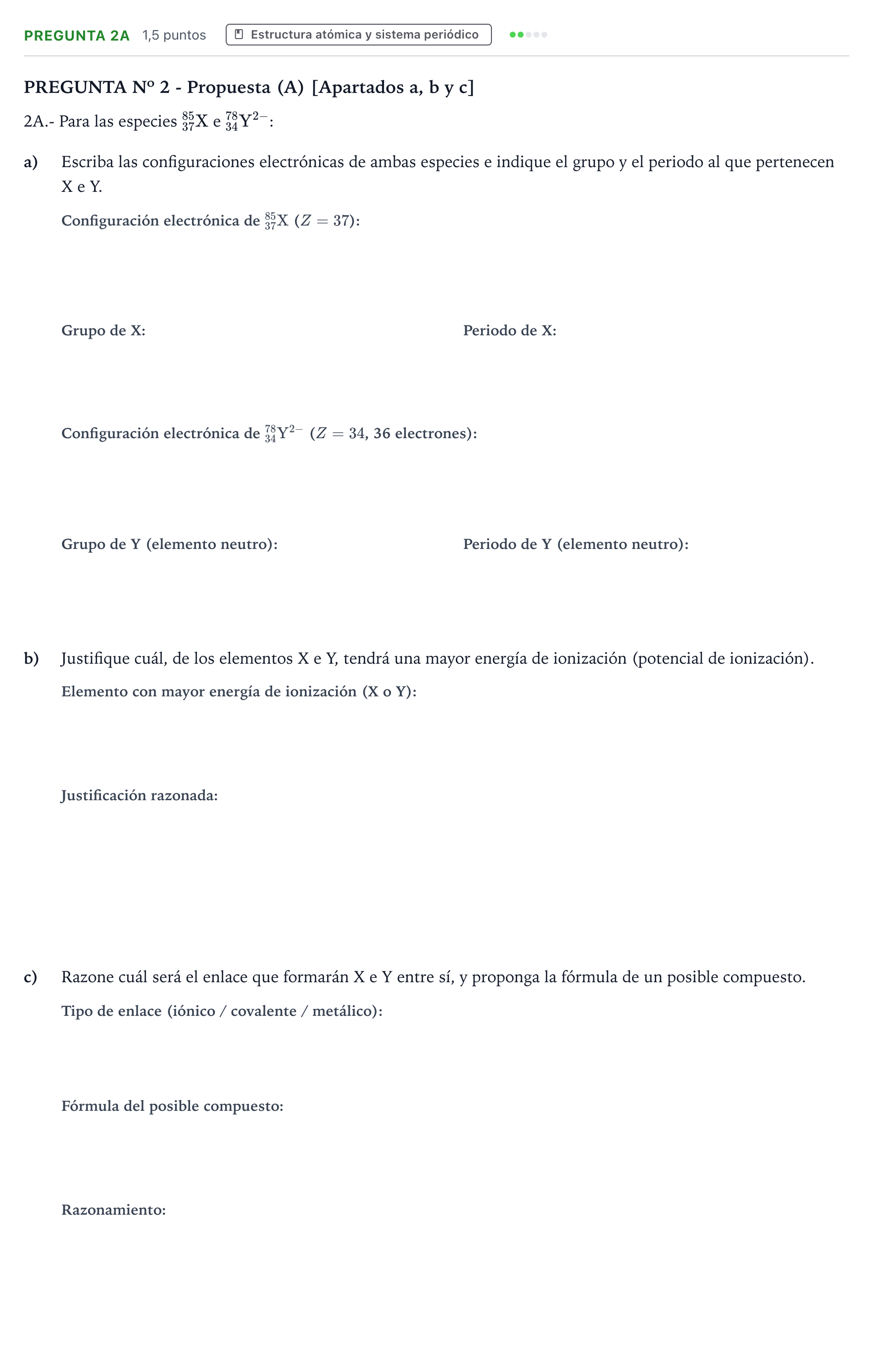 Enunciado: Pregunta 2A - Estructura atómica y sistema periód… · Química PAU Canarias Junio 2026