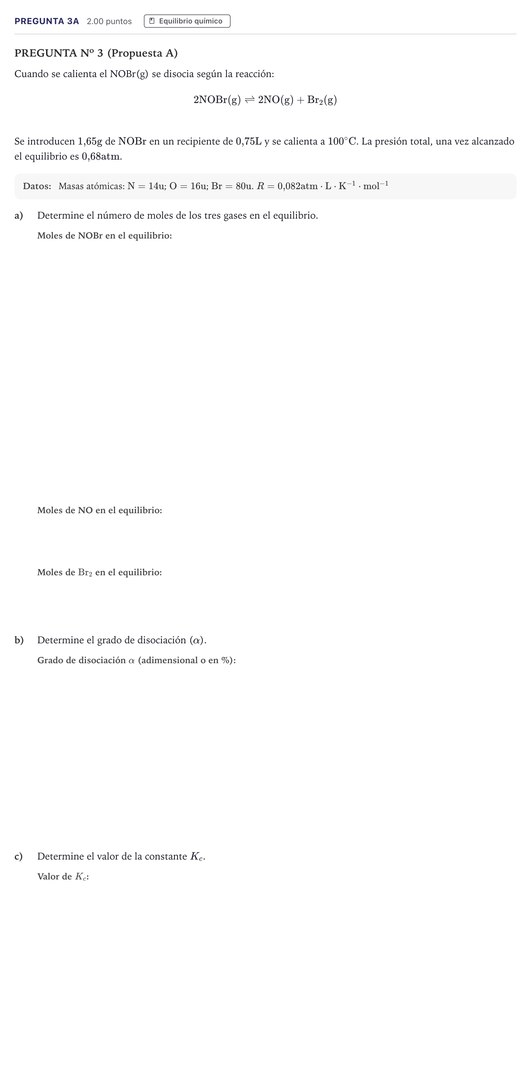 Enunciado: Pregunta 3A · Química PAU Canarias Junio 2026