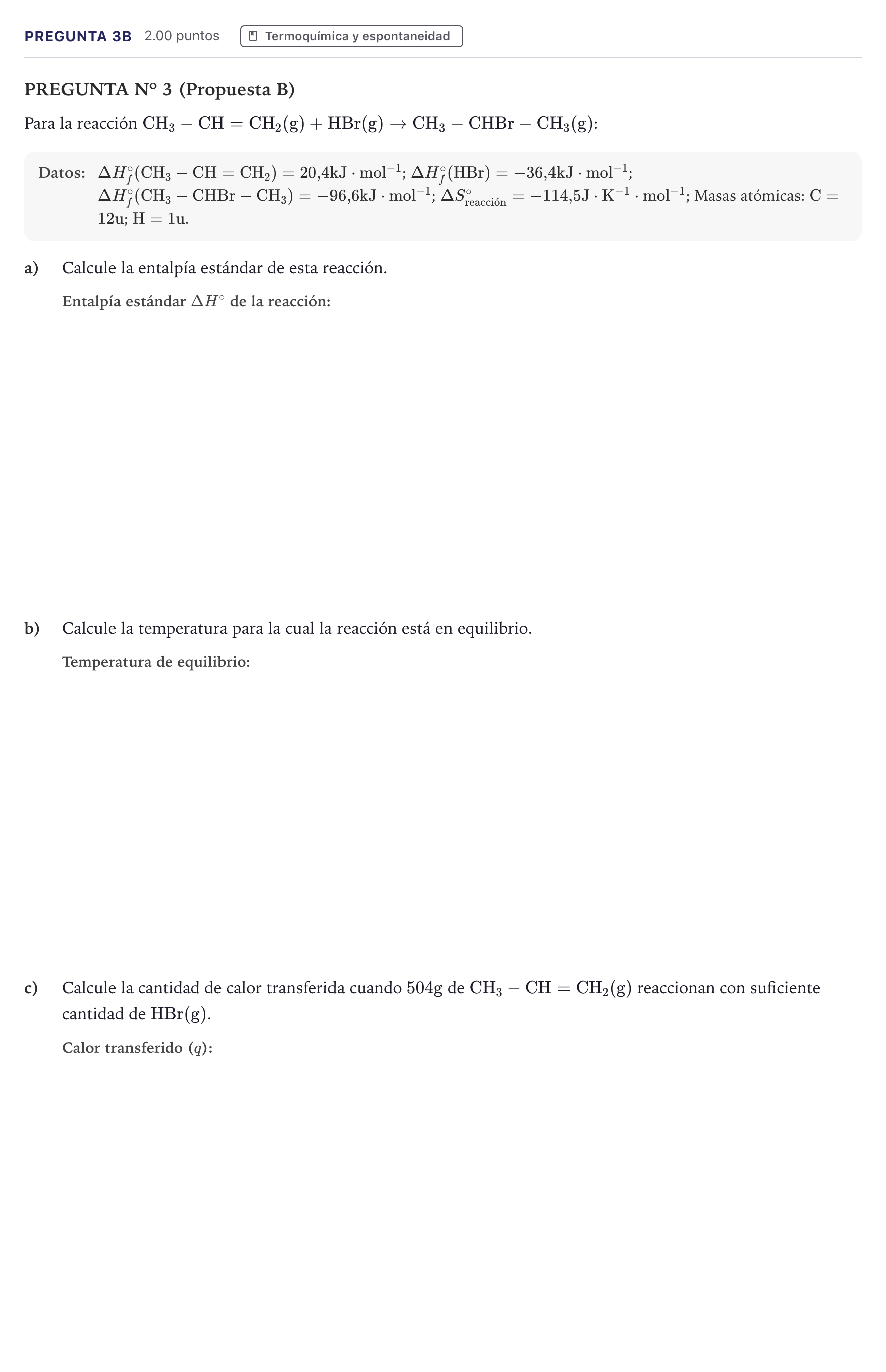 Enunciado: Pregunta 3B · Química PAU Canarias Junio 2026