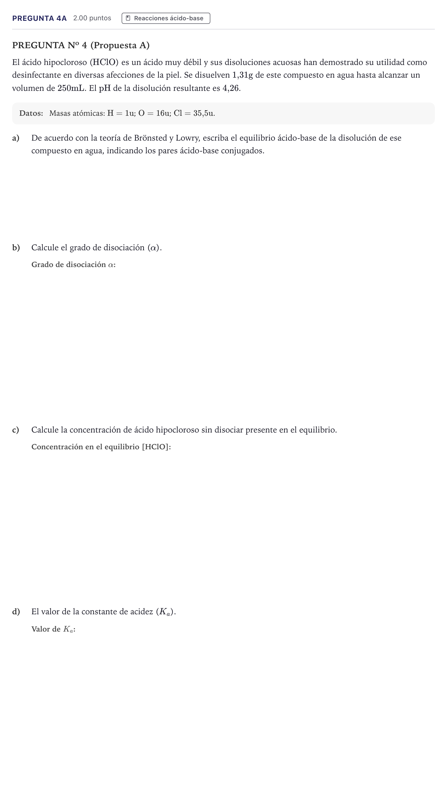 Enunciado: Pregunta 4A · Química PAU Canarias Junio 2026