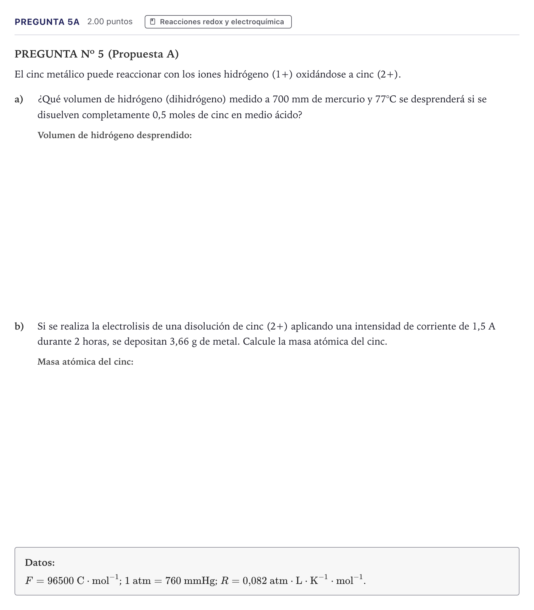 Enunciado: Pregunta 5A · Química PAU Canarias Junio 2026
