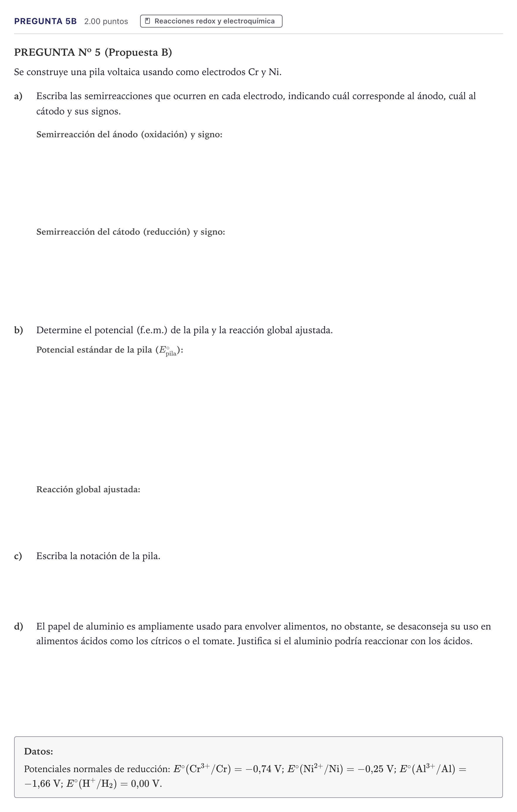 Enunciado: Pregunta 5B · Química PAU Canarias Junio 2026