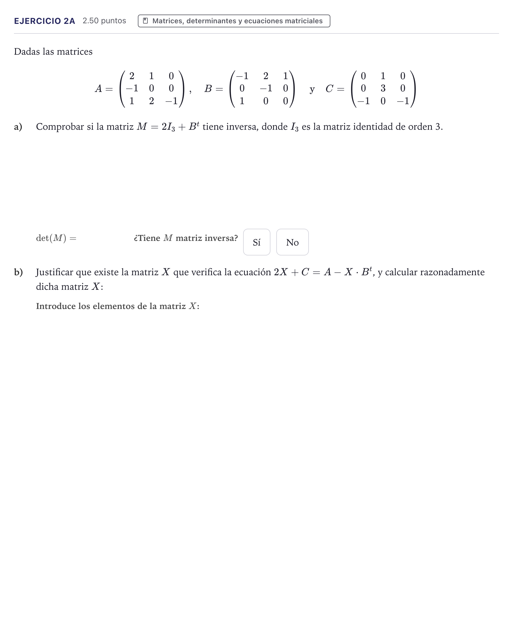 Enunciado: Ejercicio 2A · Matemáticas II PAU Canarias Junio 2023