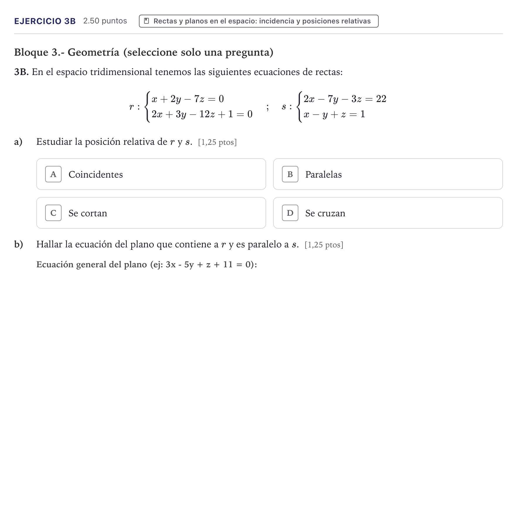 Enunciado: Ejercicio 3B · Matemáticas II PAU Canarias Junio 2023