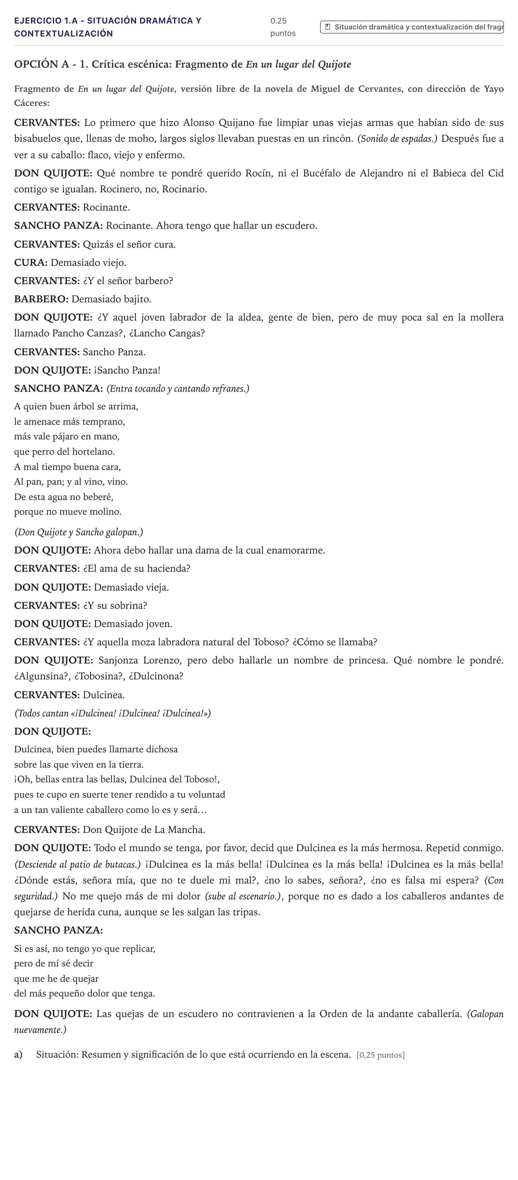 Enunciado: Ejercicio 1.a - Situación dramática y contextualización · Artes Escénicas PAU Canarias Junio 2021