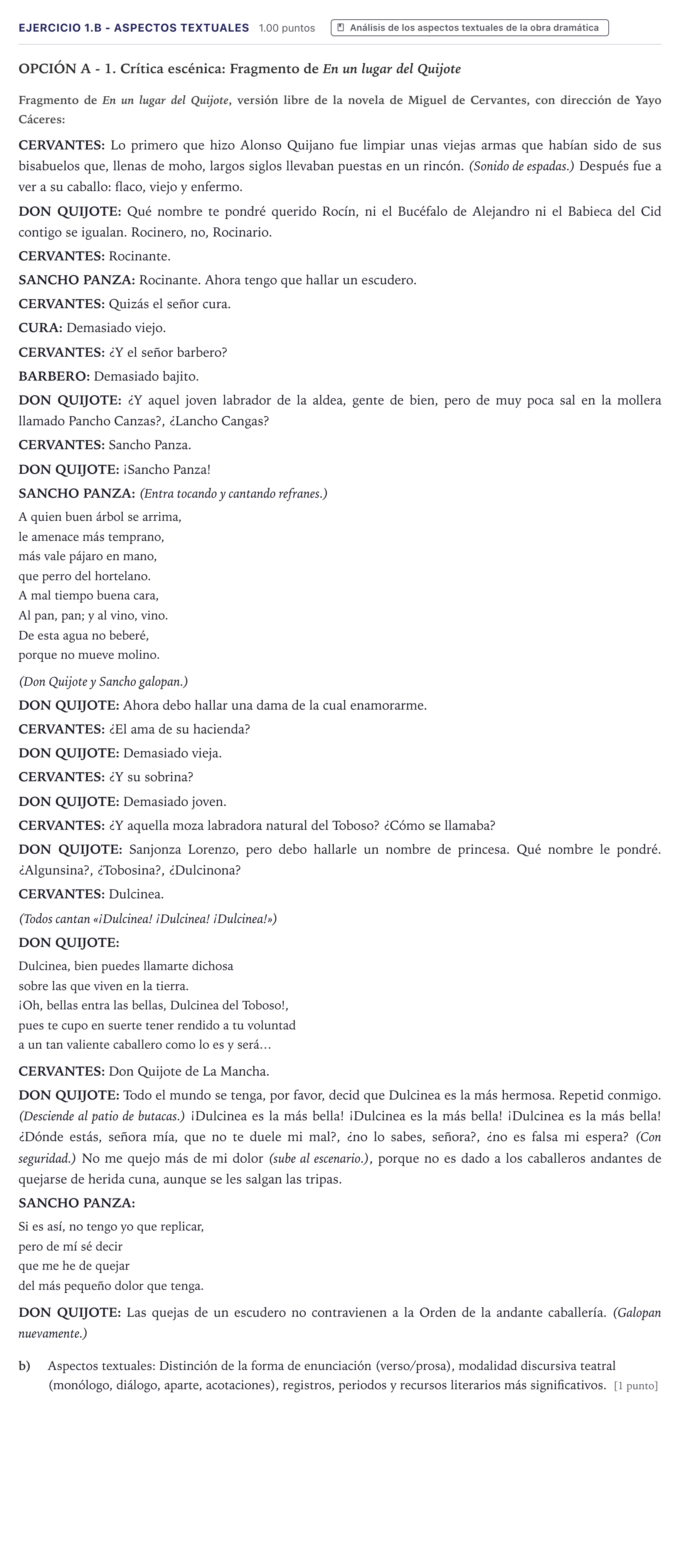 Enunciado: Ejercicio 1.b - Aspectos textuales · Artes Escénicas PAU Canarias Junio 2021
