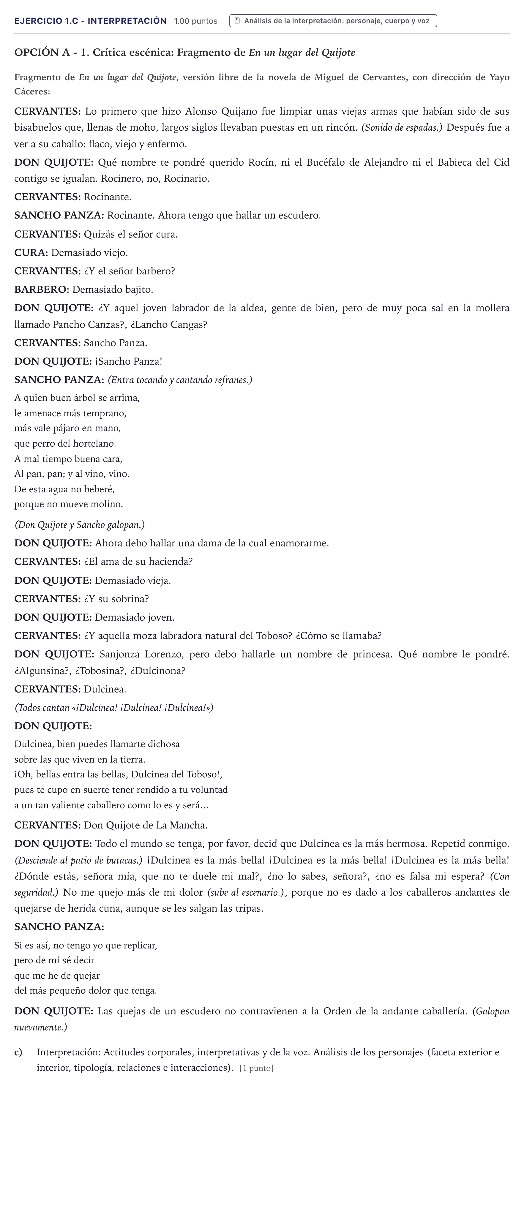 Enunciado: Ejercicio 1.c - Interpretación · Artes Escénicas PAU Canarias Junio 2021