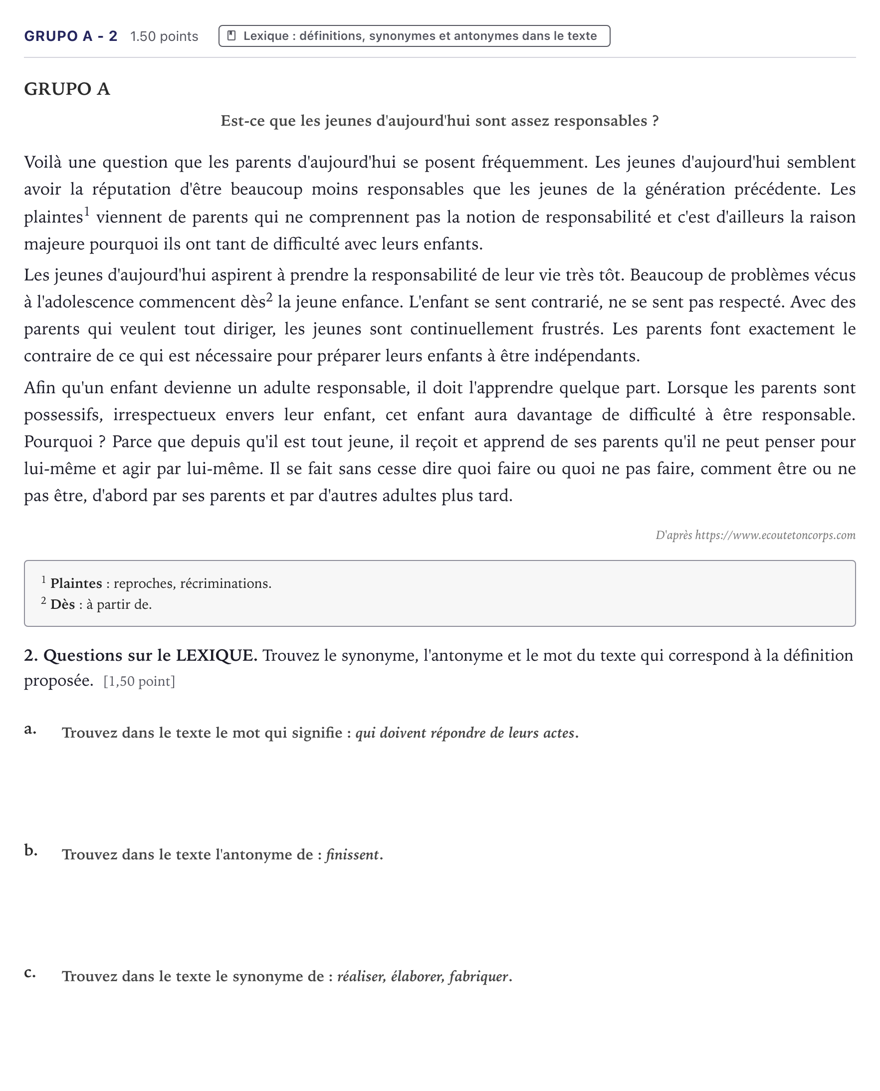 Enunciado: Ejercicio Grupo A - 2 · Francés PAU Canarias Junio (Ciencias) 2021