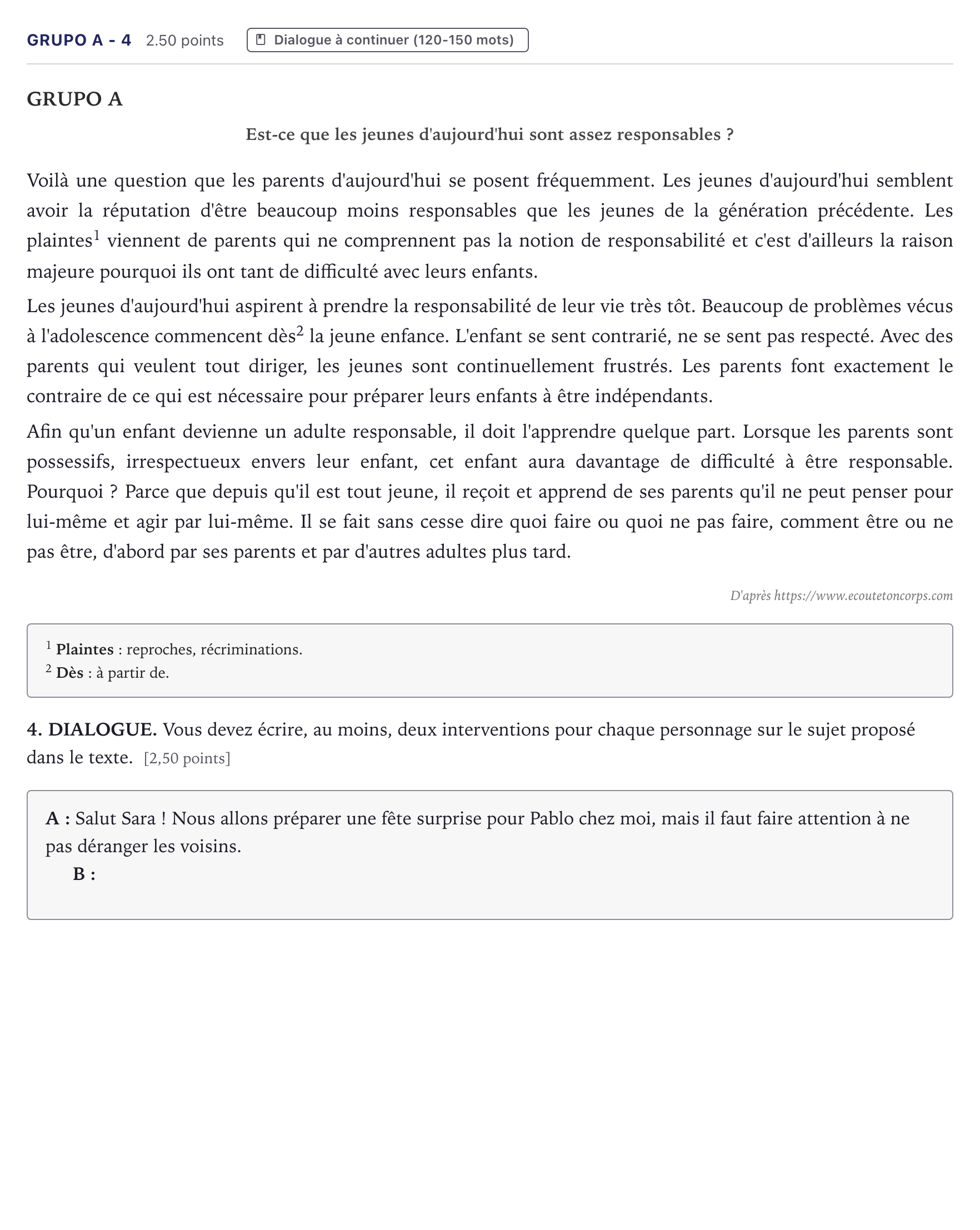 Enunciado: Ejercicio Grupo A - 4 · Francés PAU Canarias Junio (Ciencias) 2021