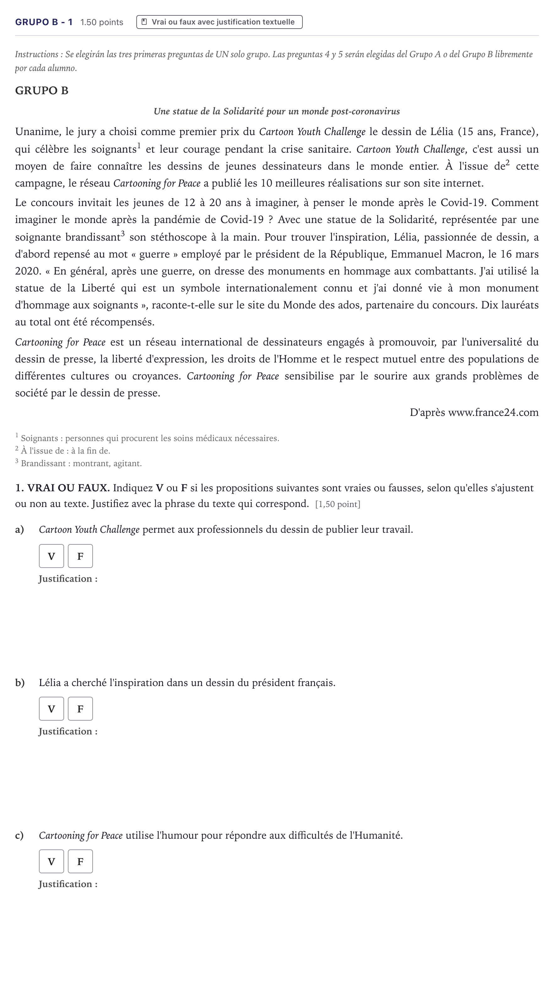 Enunciado: Ejercicio Grupo B - 1 · Francés PAU Canarias Junio (Ciencias) 2021