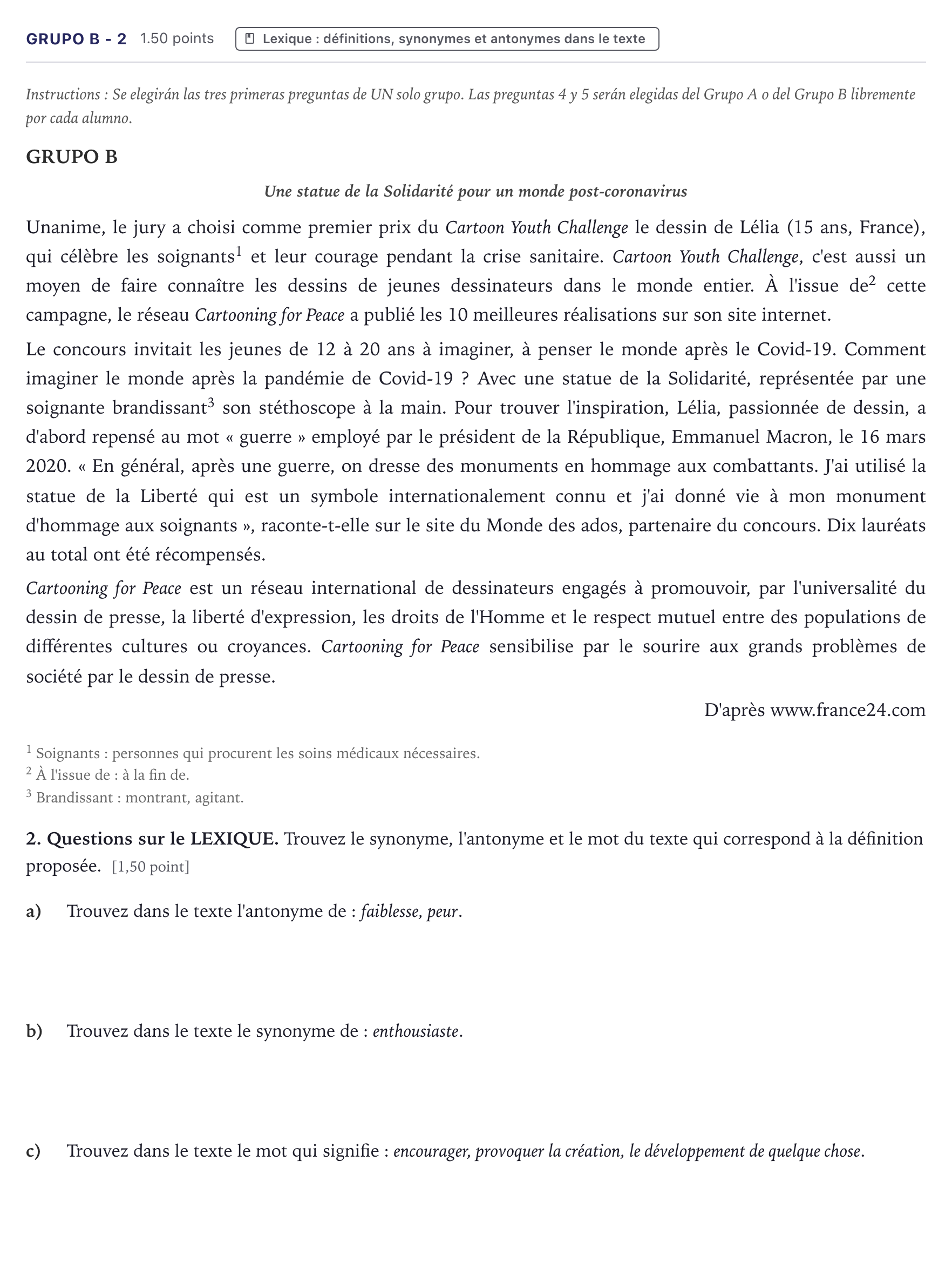 Enunciado: Ejercicio Grupo B - 2 · Francés PAU Canarias Junio (Ciencias) 2021