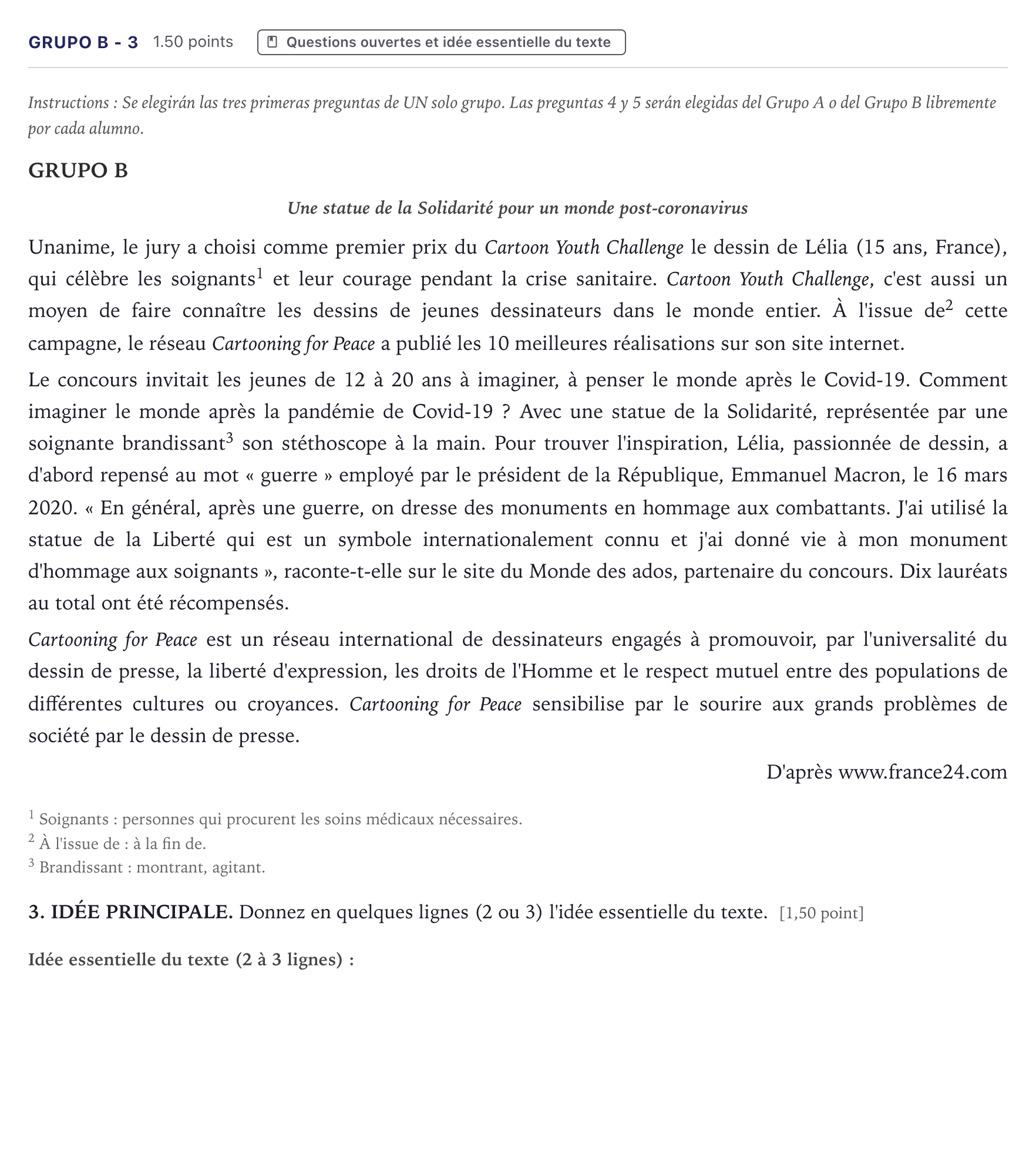 Enunciado: Ejercicio Grupo B - 3 · Francés PAU Canarias Junio (Ciencias) 2021