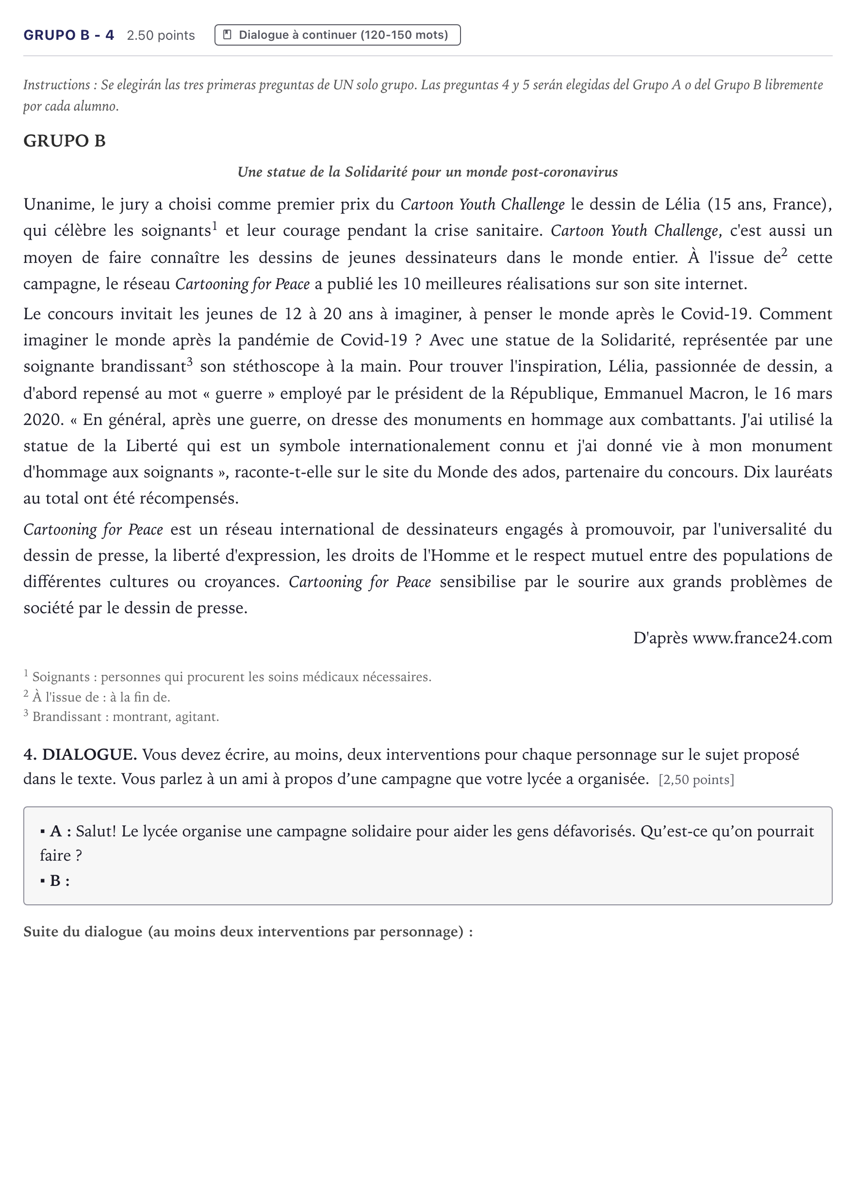 Enunciado: Ejercicio Grupo B - 4 · Francés PAU Canarias Junio (Ciencias) 2021