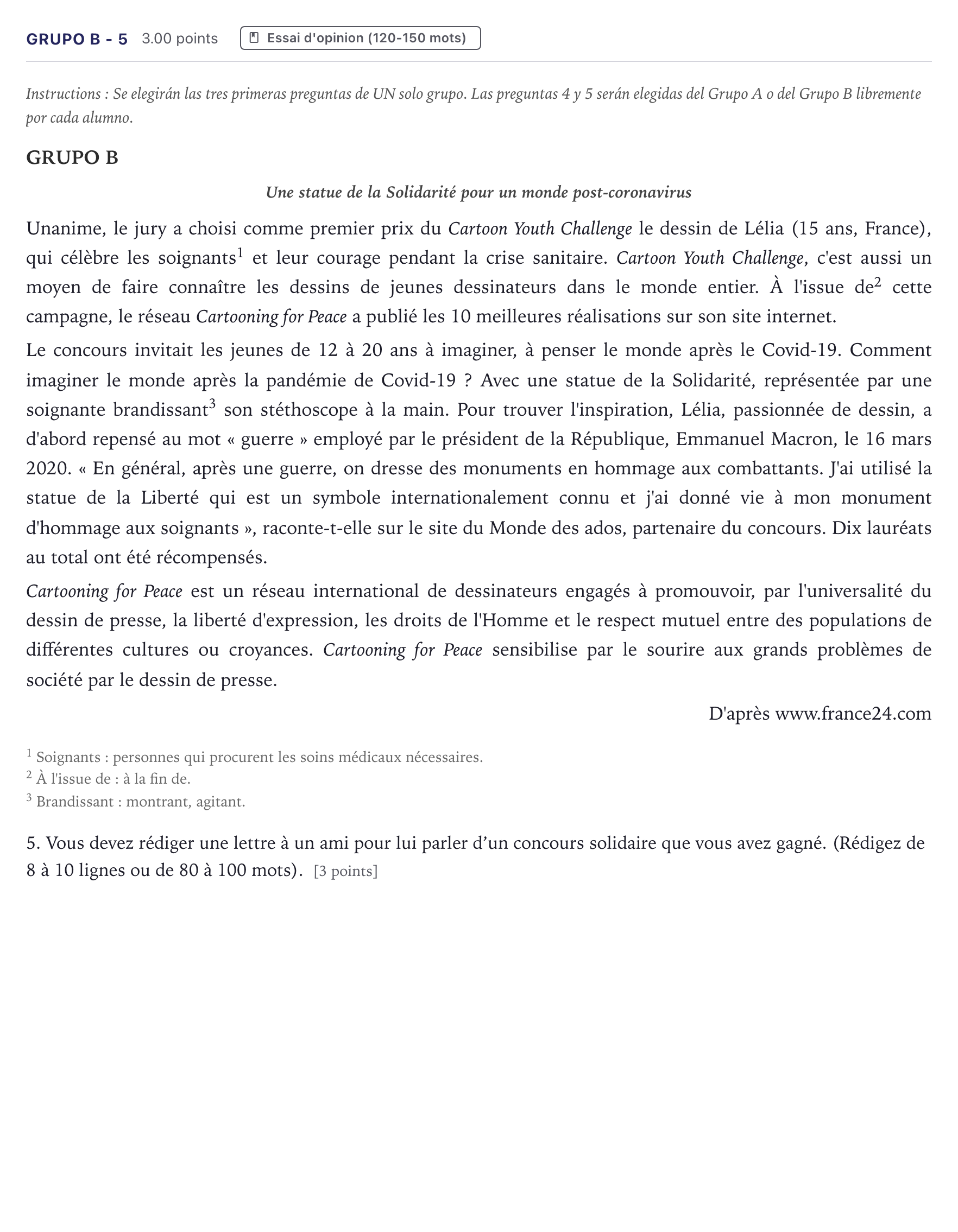 Enunciado: Ejercicio Grupo B - 5 · Francés PAU Canarias Junio (Ciencias) 2021