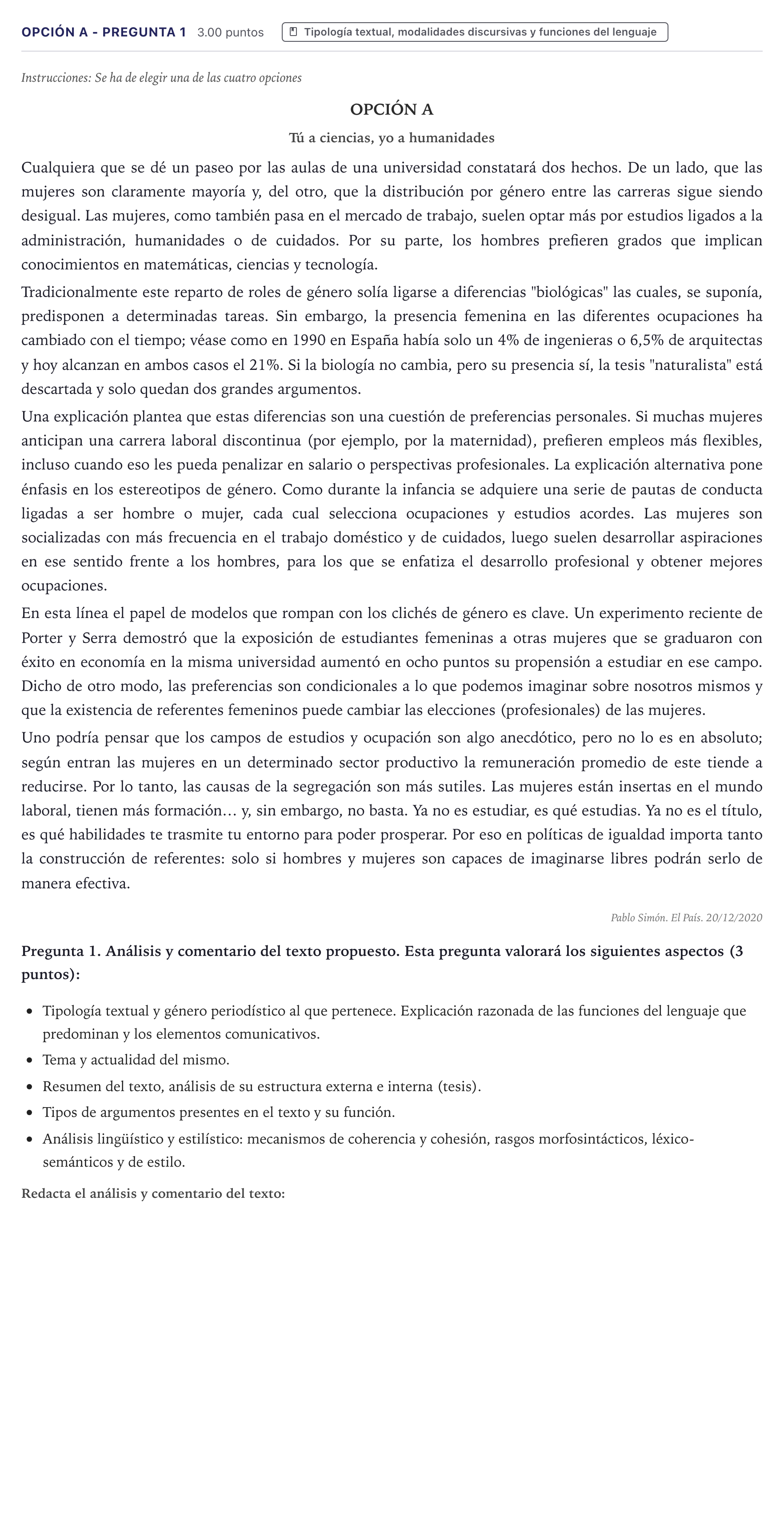 Enunciado: Opción A - Pregunta 1 · Lengua Castellana y Literatura II PAU Canarias Junio (Ciencias) 2021