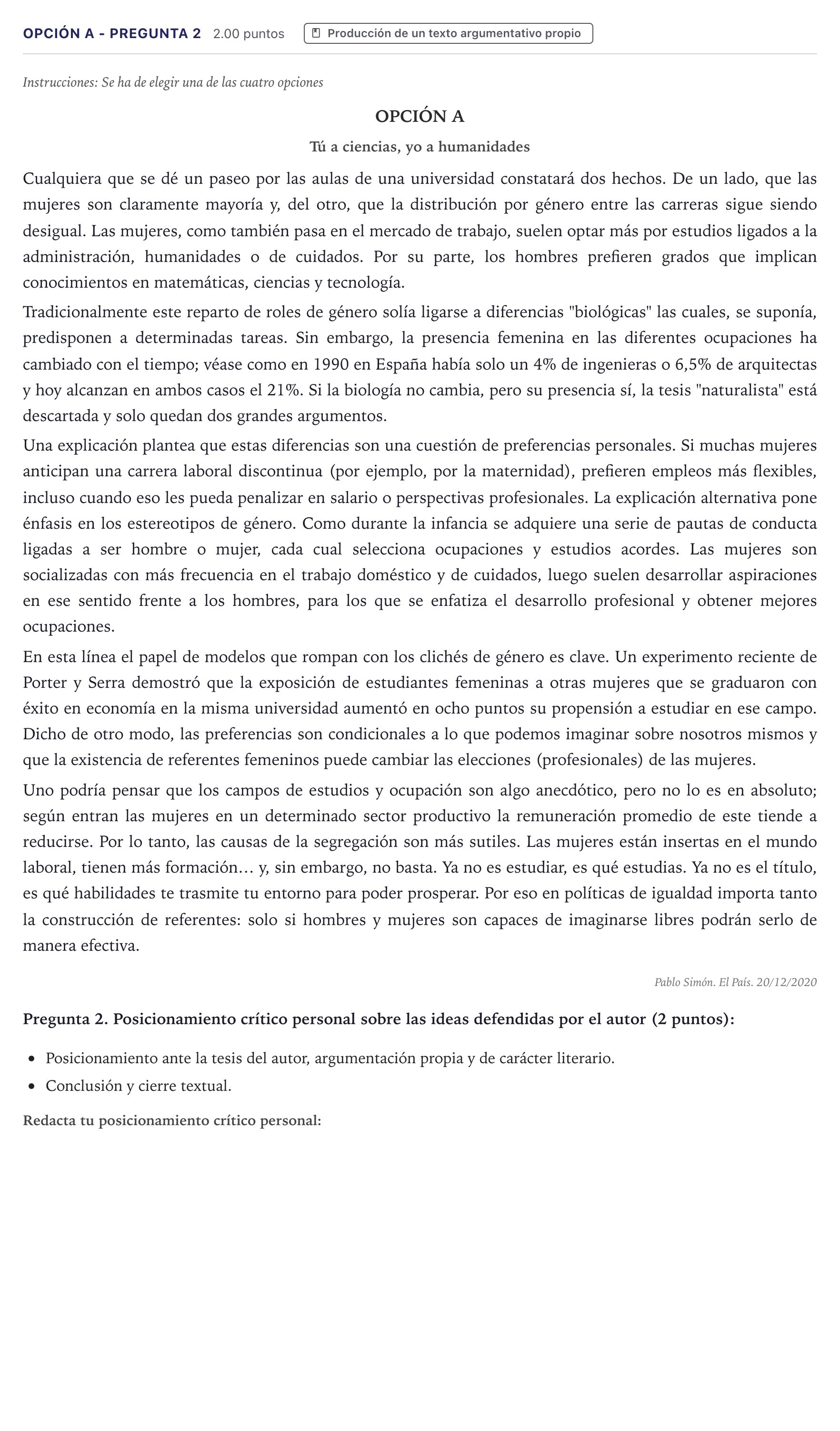 Enunciado: Opción A - Pregunta 2 · Lengua Castellana y Literatura II PAU Canarias Junio (Ciencias) 2021