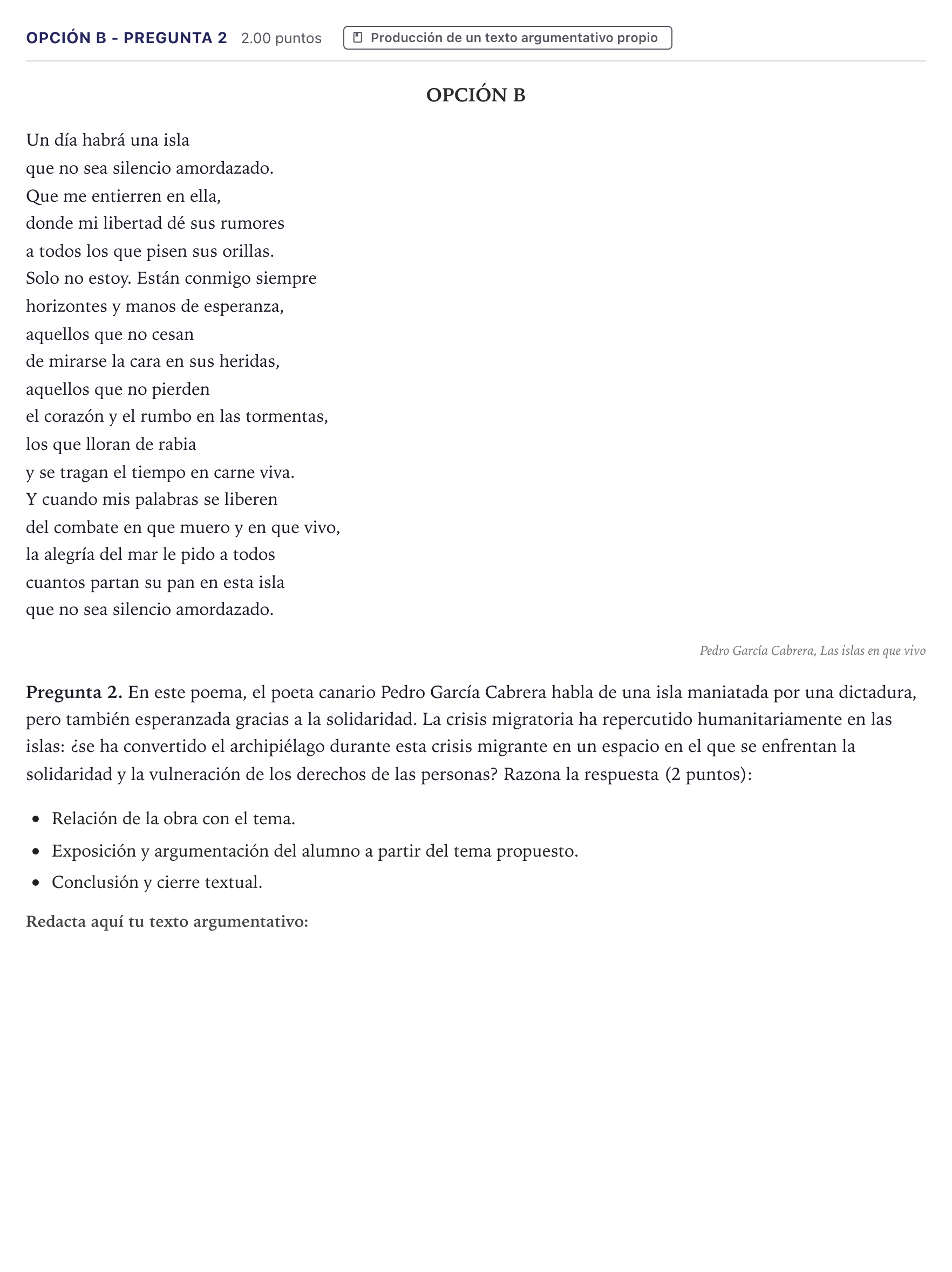 Enunciado: Opción B - Pregunta 2 · Lengua Castellana y Literatura II PAU Canarias Junio (Ciencias) 2021