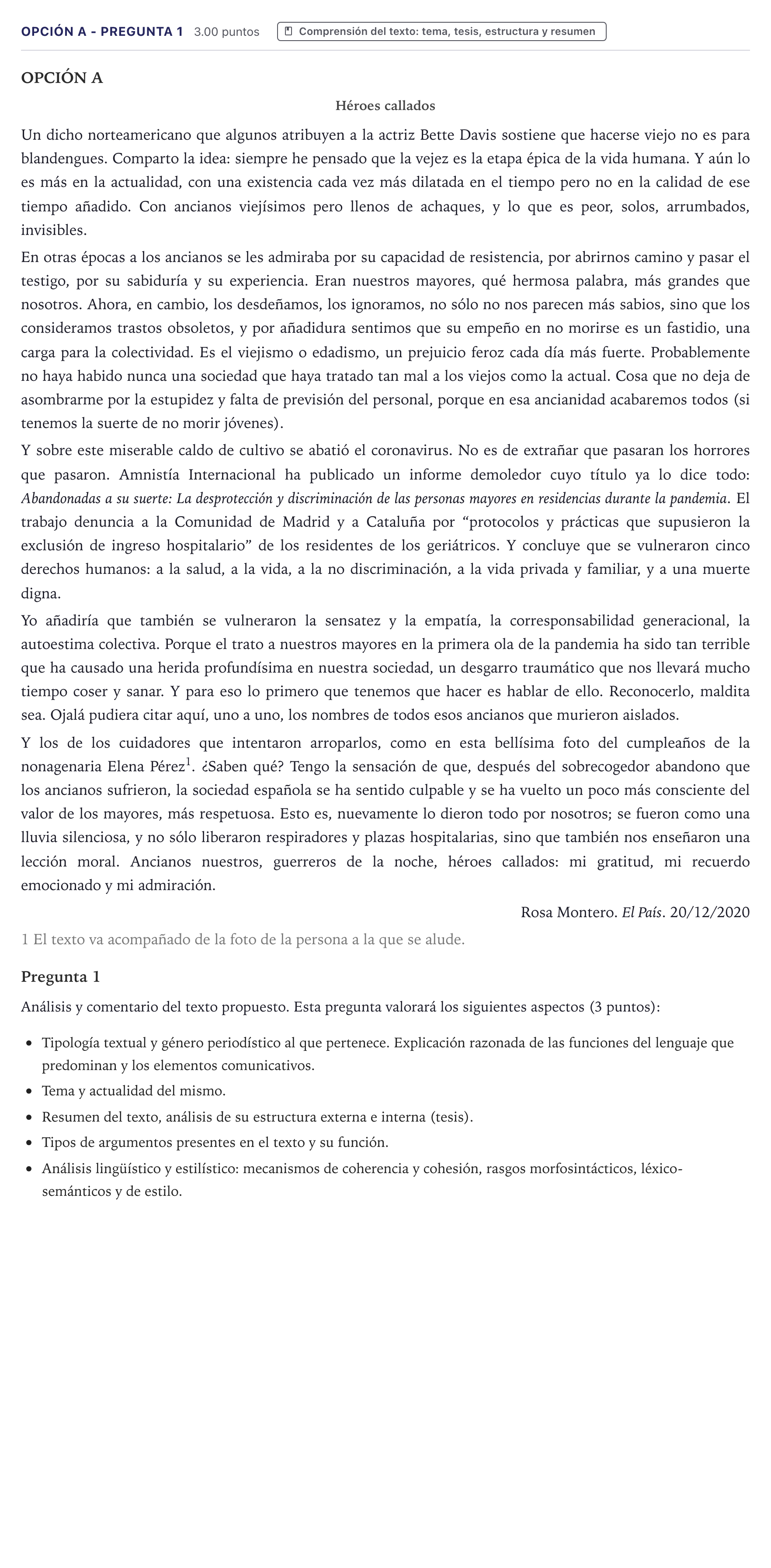 Enunciado: Opción A - Pregunta 1 · Lengua Castellana y Literatura II PAU Canarias Junio (Humanidades) 2021