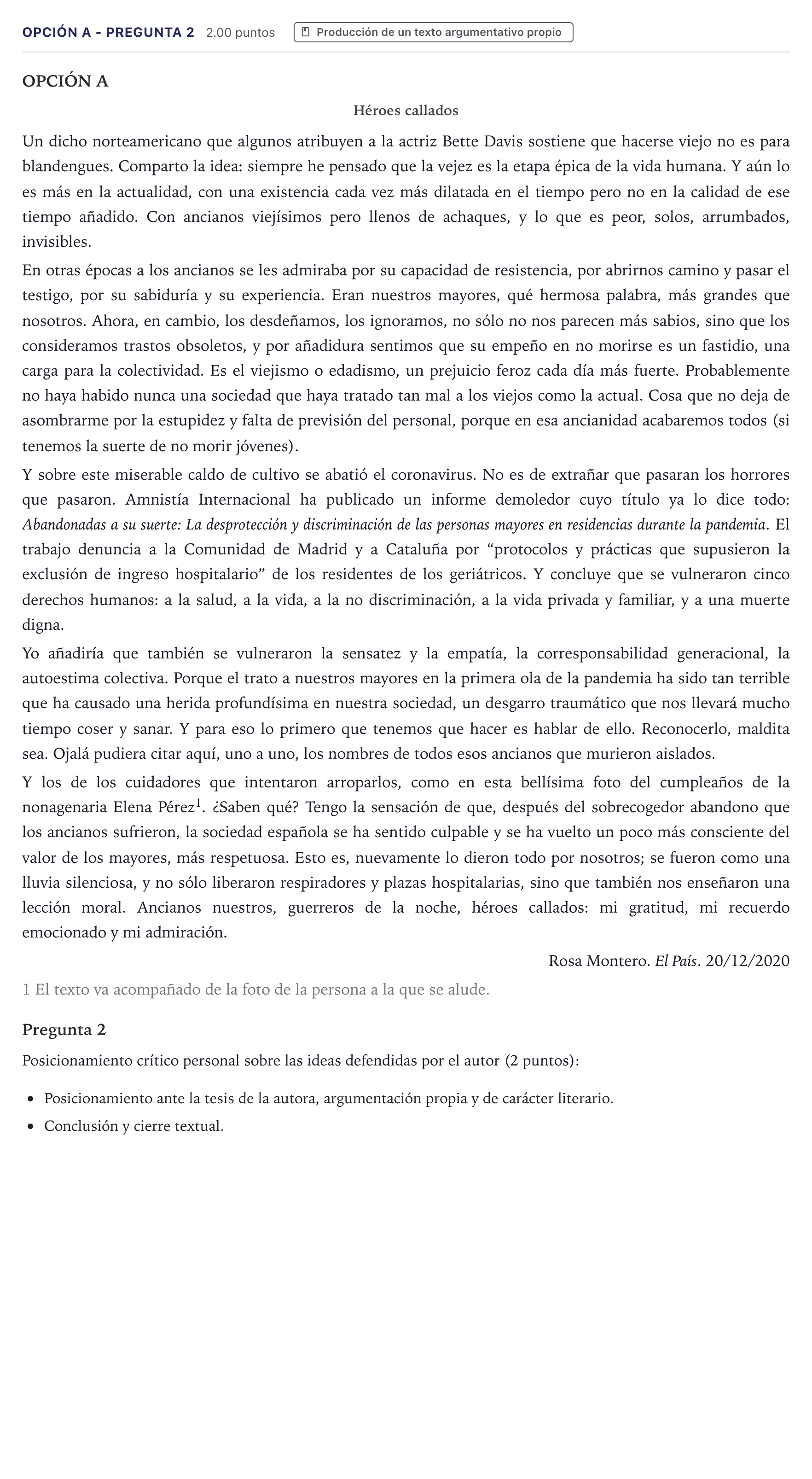 Enunciado: Opción A - Pregunta 2 · Lengua Castellana y Literatura II PAU Canarias Junio (Humanidades) 2021