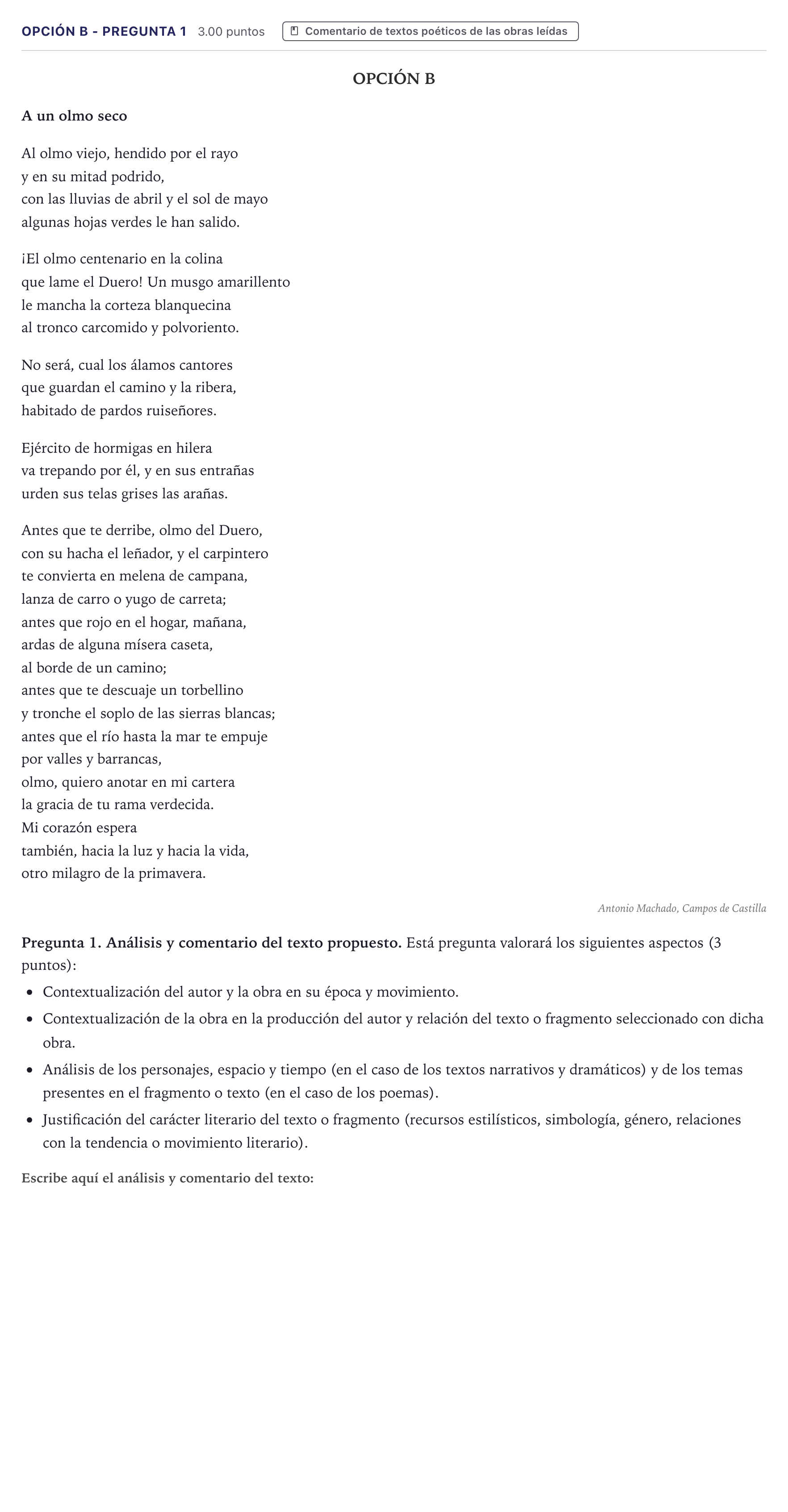 Enunciado: Opción B - Pregunta 1 · Lengua Castellana y Literatura II PAU Canarias Junio (Humanidades) 2021