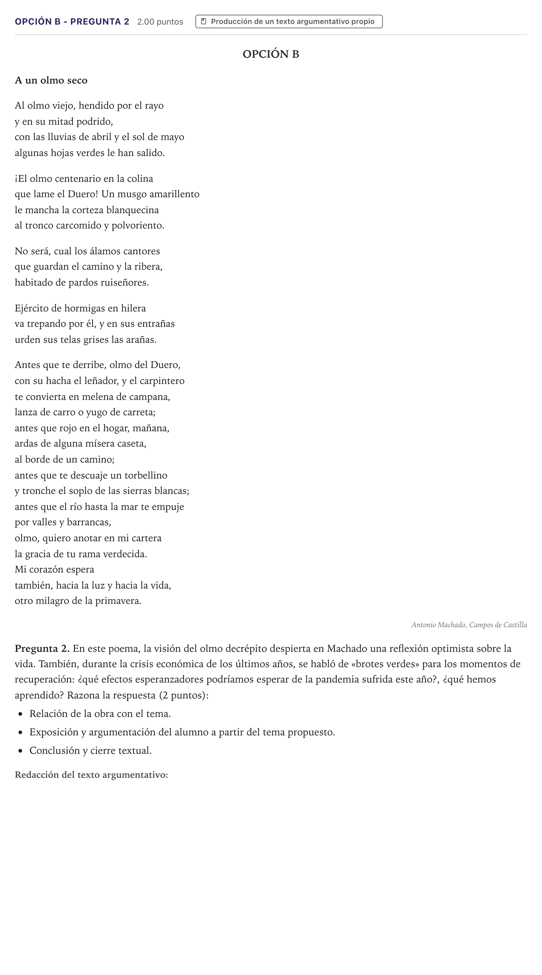 Enunciado: Opción B - Pregunta 2 · Lengua Castellana y Literatura II PAU Canarias Junio (Humanidades) 2021