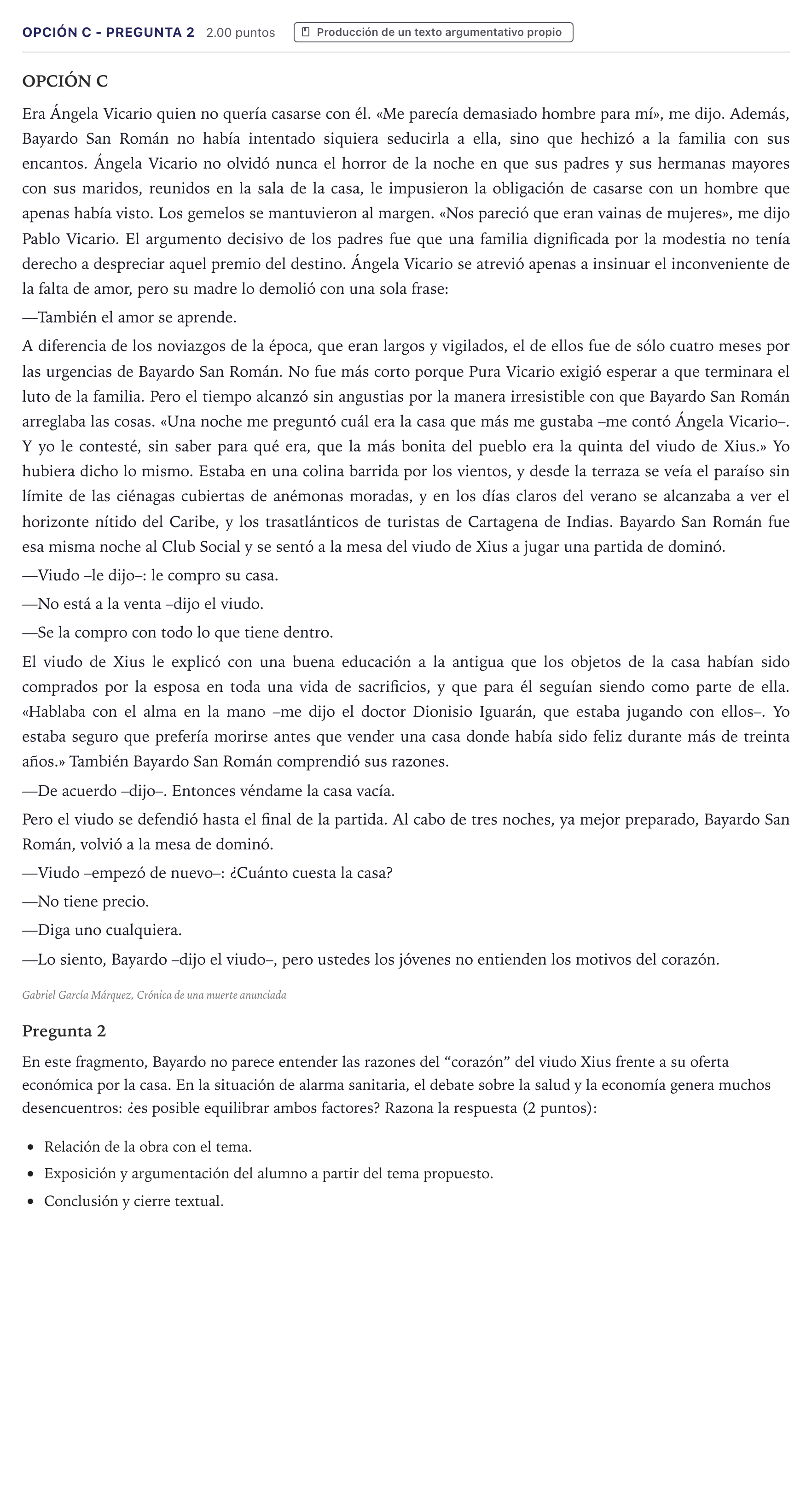 Enunciado: Opción C - Pregunta 2 · Lengua Castellana y Literatura II PAU Canarias Junio (Humanidades) 2021