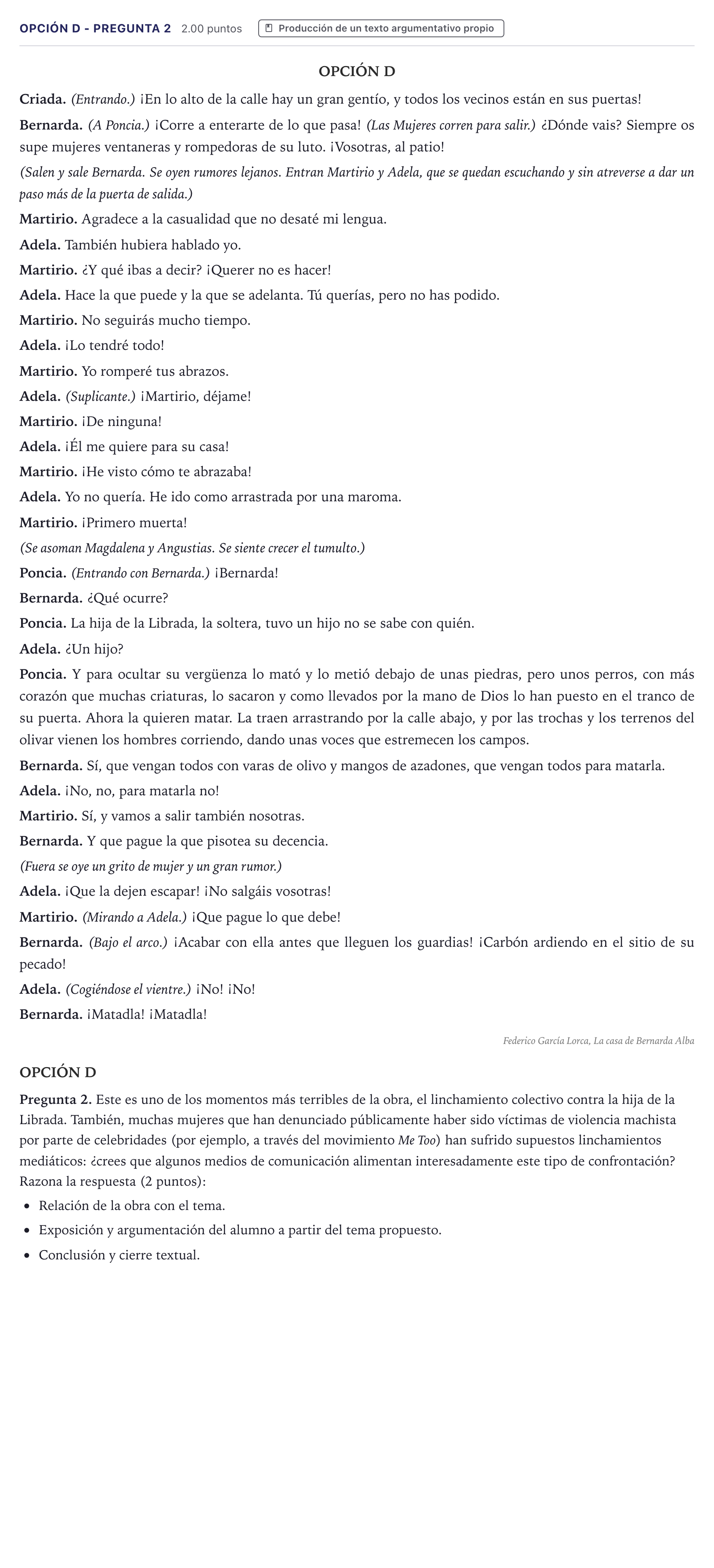 Enunciado: Opción D - Pregunta 2 · Lengua Castellana y Literatura II PAU Canarias Junio (Humanidades) 2021