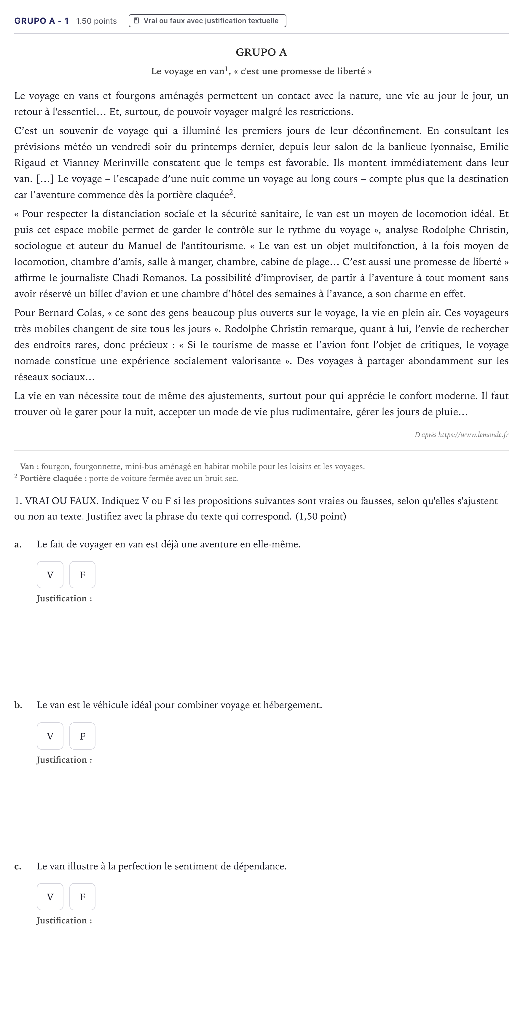 Enunciado: Ejercicio Grupo A - 1 · Francés PAU Canarias Junio (Humanidades) 2021
