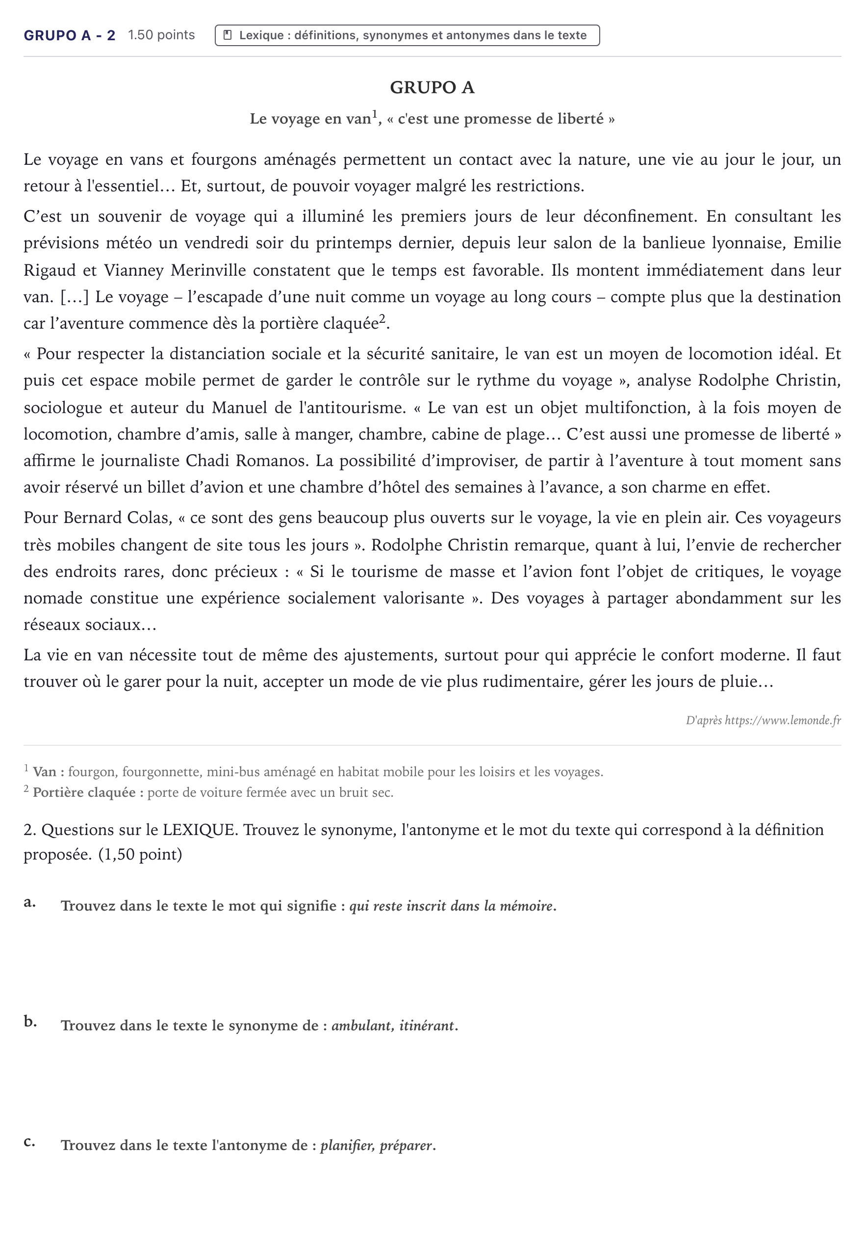 Enunciado: Ejercicio Grupo A - 2 · Francés PAU Canarias Junio (Humanidades) 2021