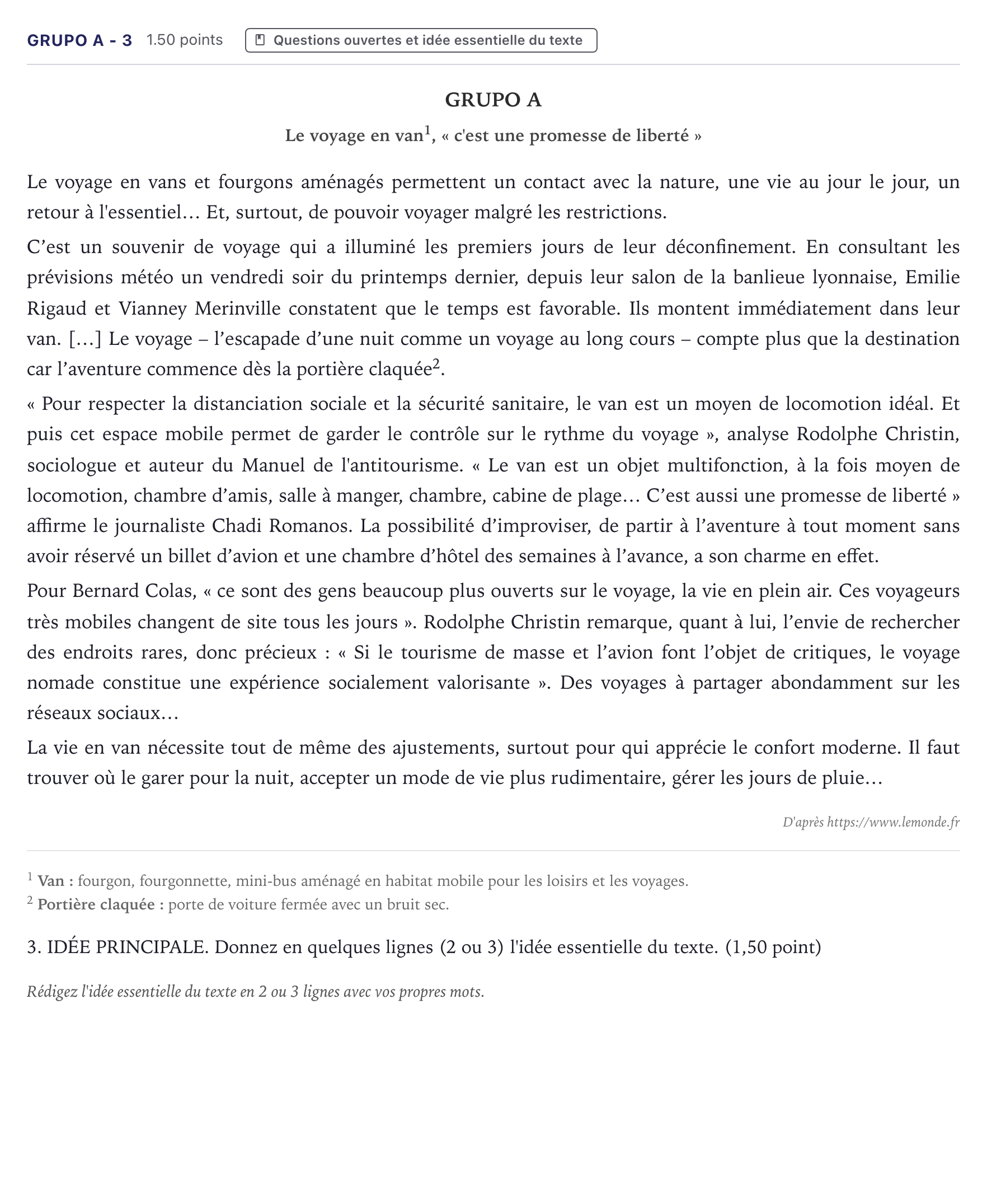 Enunciado: Ejercicio Grupo A - 3 · Francés PAU Canarias Junio (Humanidades) 2021
