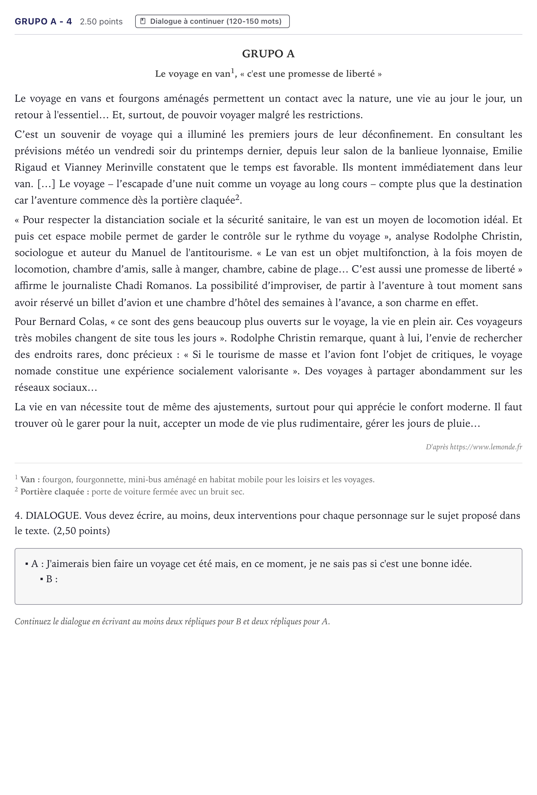 Enunciado: Ejercicio Grupo A - 4 · Francés PAU Canarias Junio (Humanidades) 2021