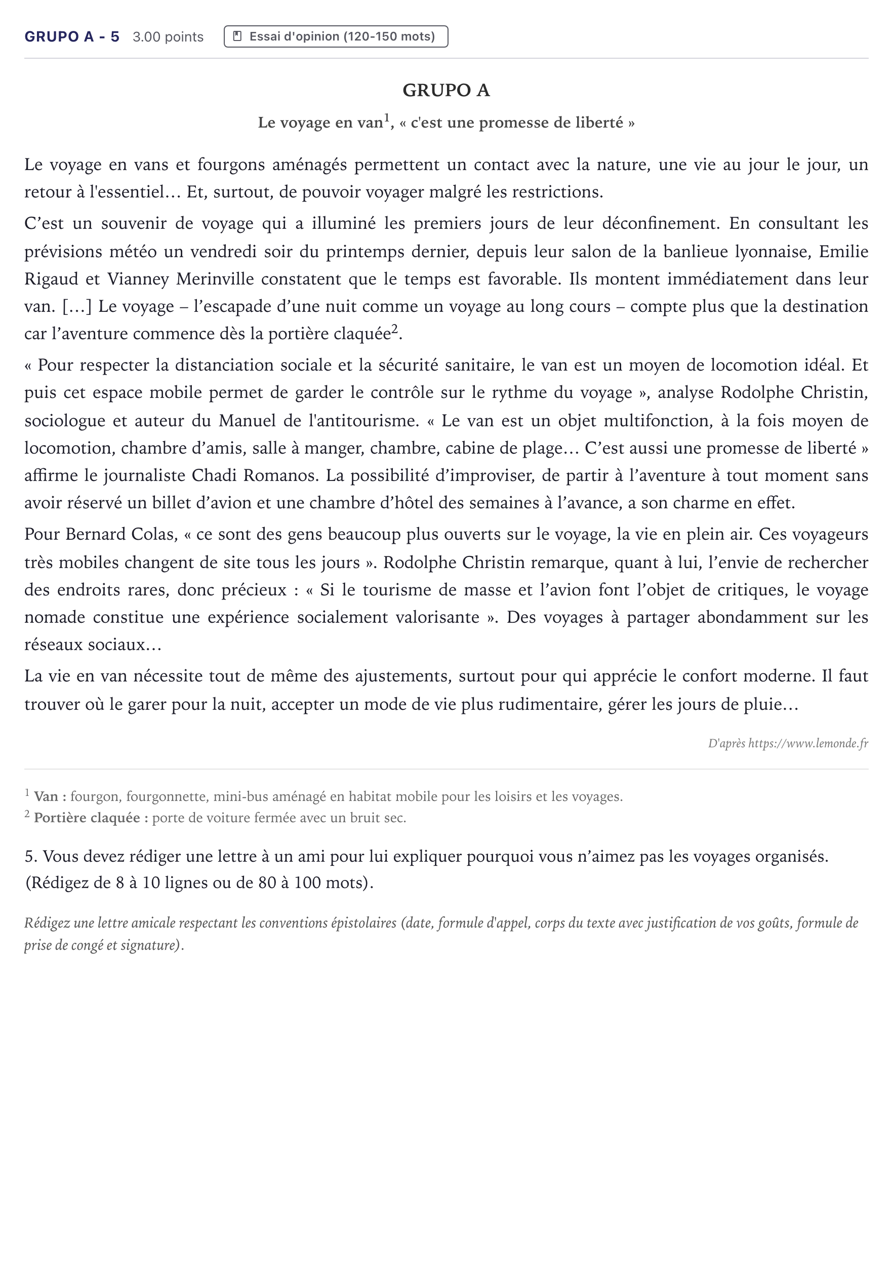 Enunciado: Ejercicio Grupo A - 5 · Francés PAU Canarias Junio (Humanidades) 2021