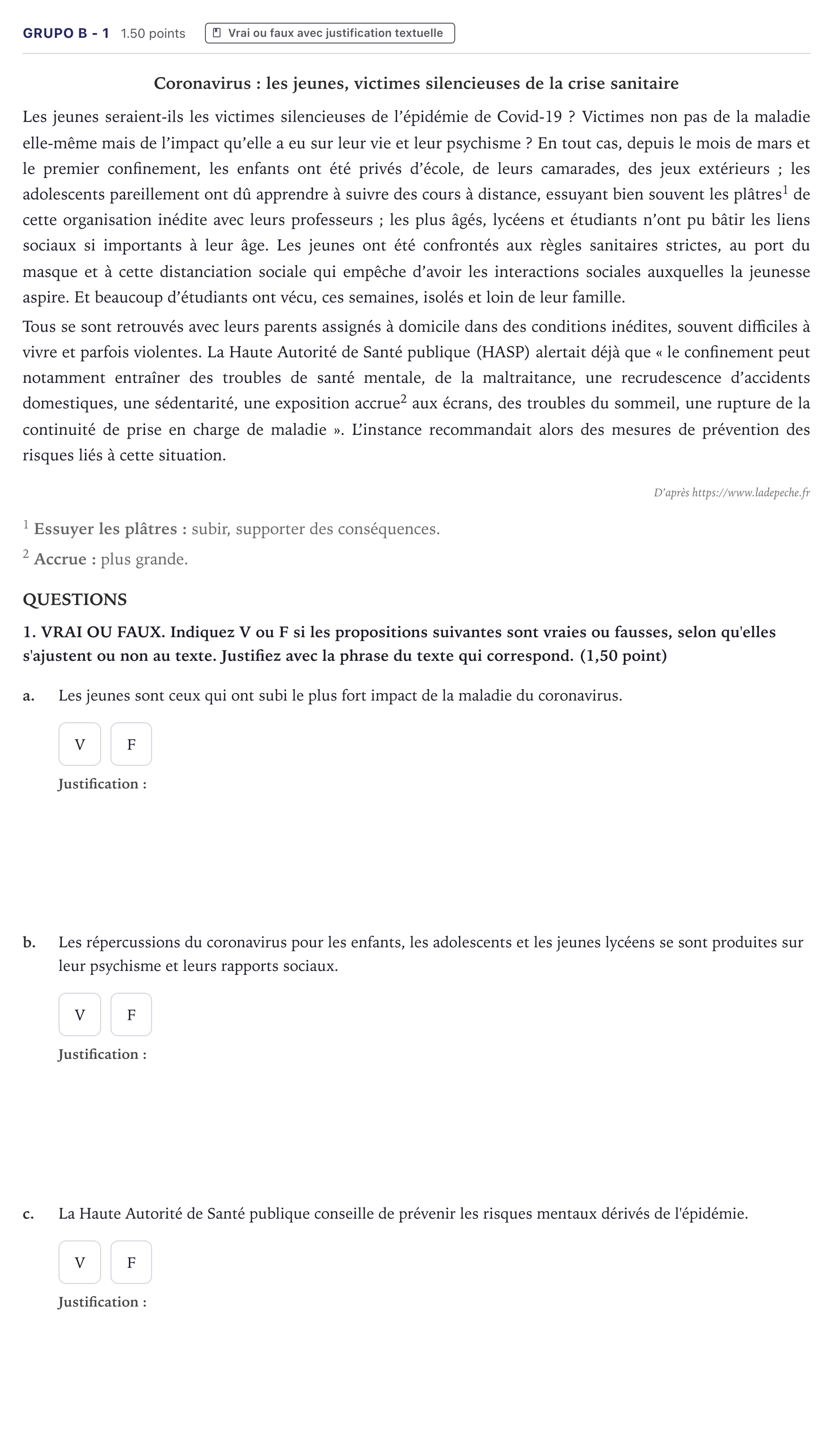 Enunciado: Ejercicio Grupo B - 1 · Francés PAU Canarias Junio (Humanidades) 2021