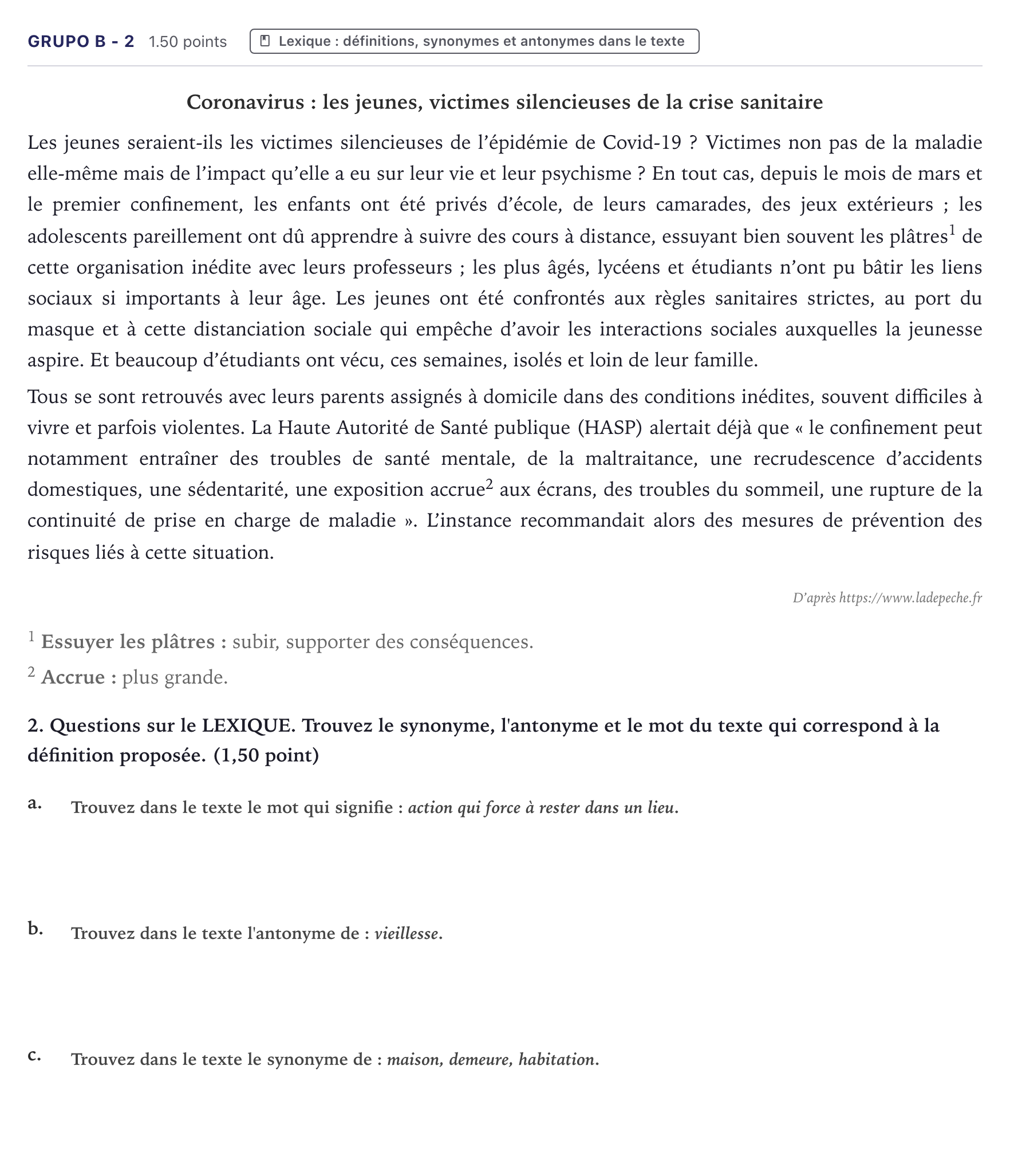 Enunciado: Ejercicio Grupo B - 2 · Francés PAU Canarias Junio (Humanidades) 2021