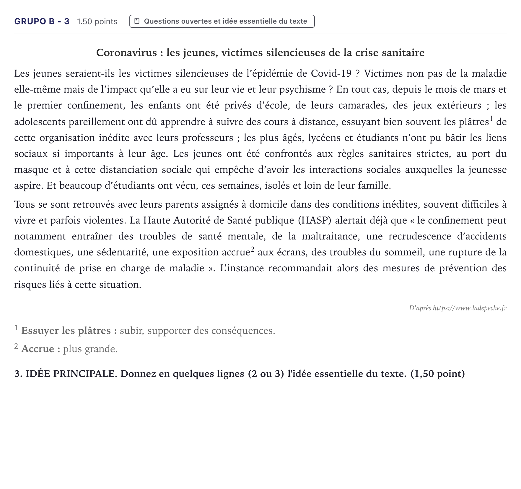 Enunciado: Ejercicio Grupo B - 3 · Francés PAU Canarias Junio (Humanidades) 2021