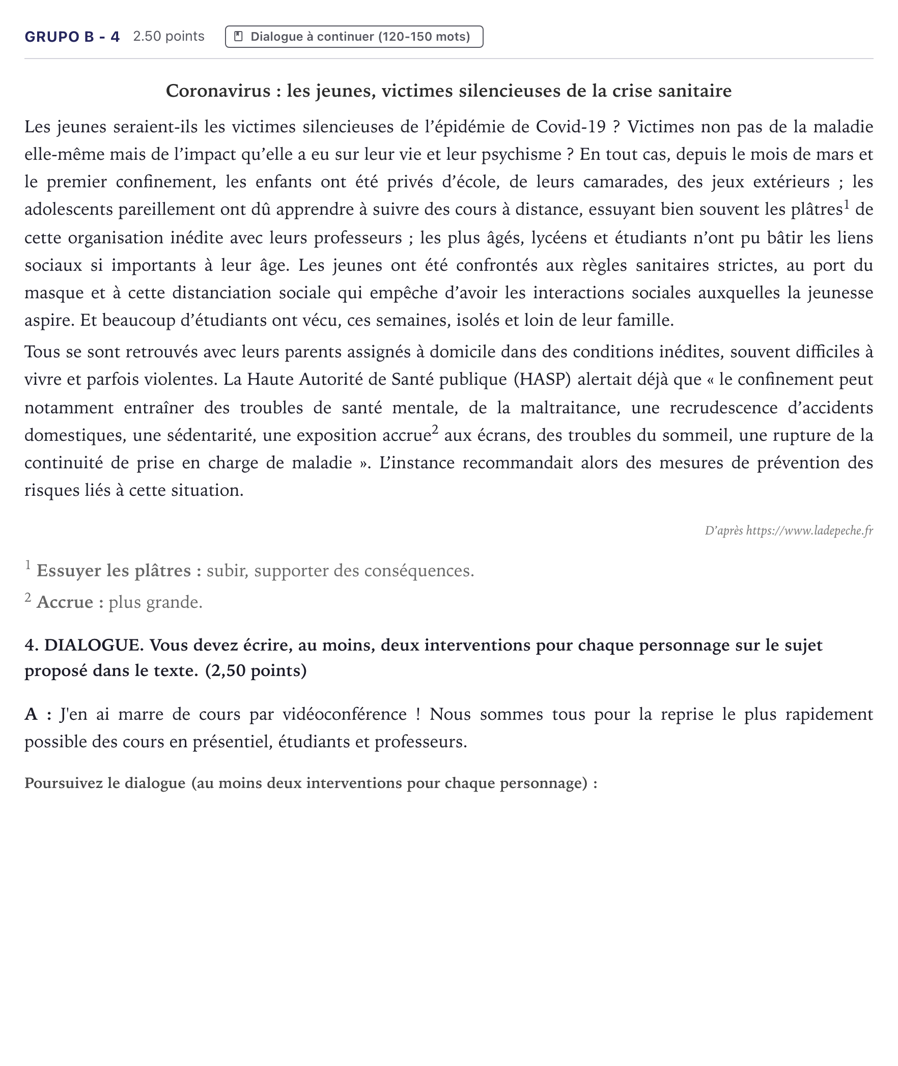 Enunciado: Ejercicio Grupo B - 4 · Francés PAU Canarias Junio (Humanidades) 2021