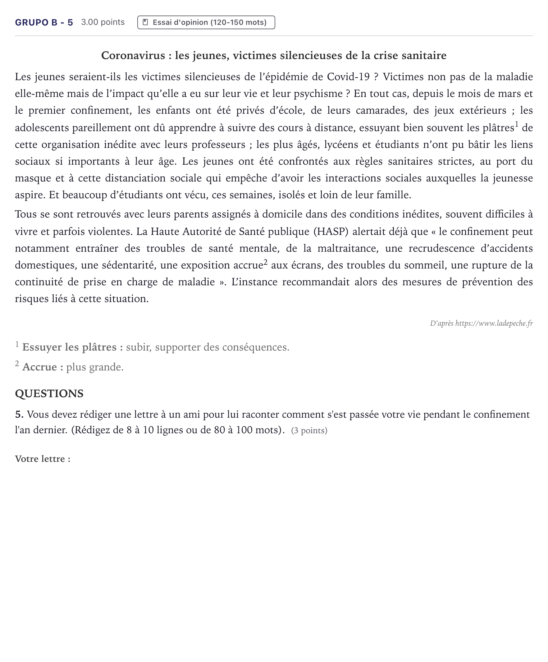 Enunciado: Ejercicio Grupo B - 5 · Francés PAU Canarias Junio (Humanidades) 2021