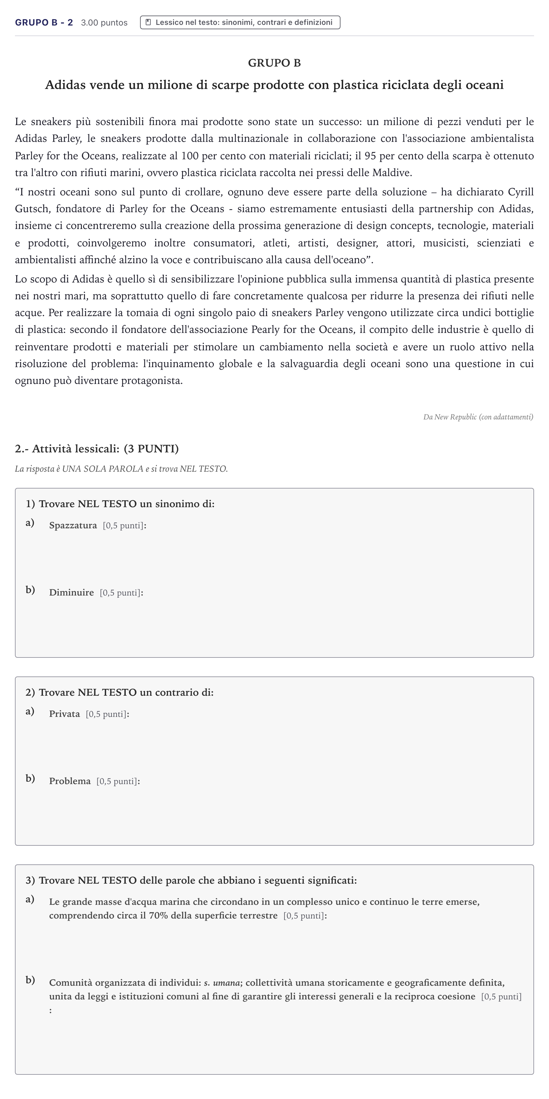 Enunciado: Ejercicio Grupo B - 2 · Italiano PAU Canarias Junio (Ciencias) 2021