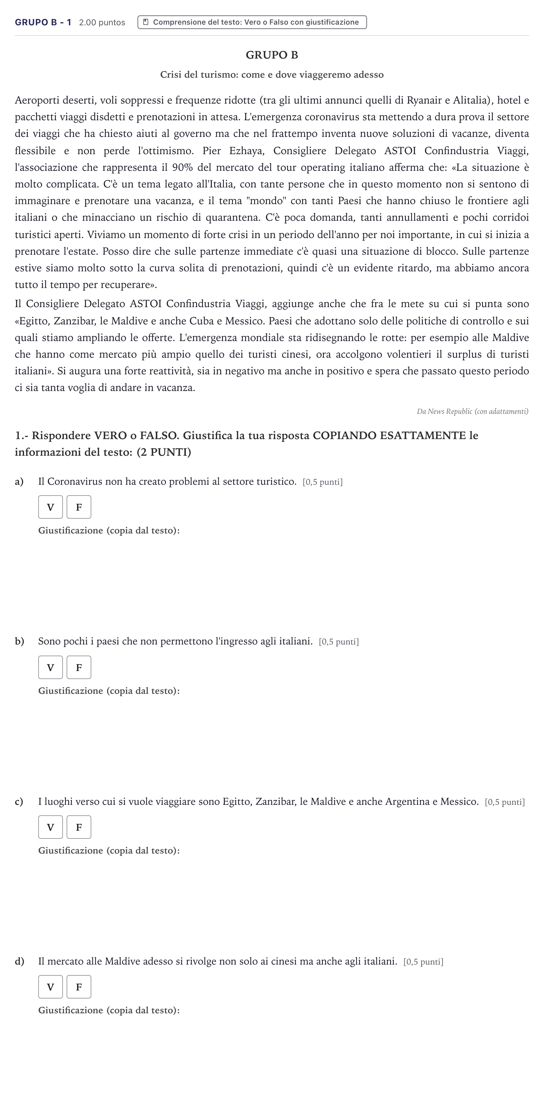 Enunciado: Ejercicio Grupo B - 1 · Italiano PAU Canarias Junio (Humanidades) 2021