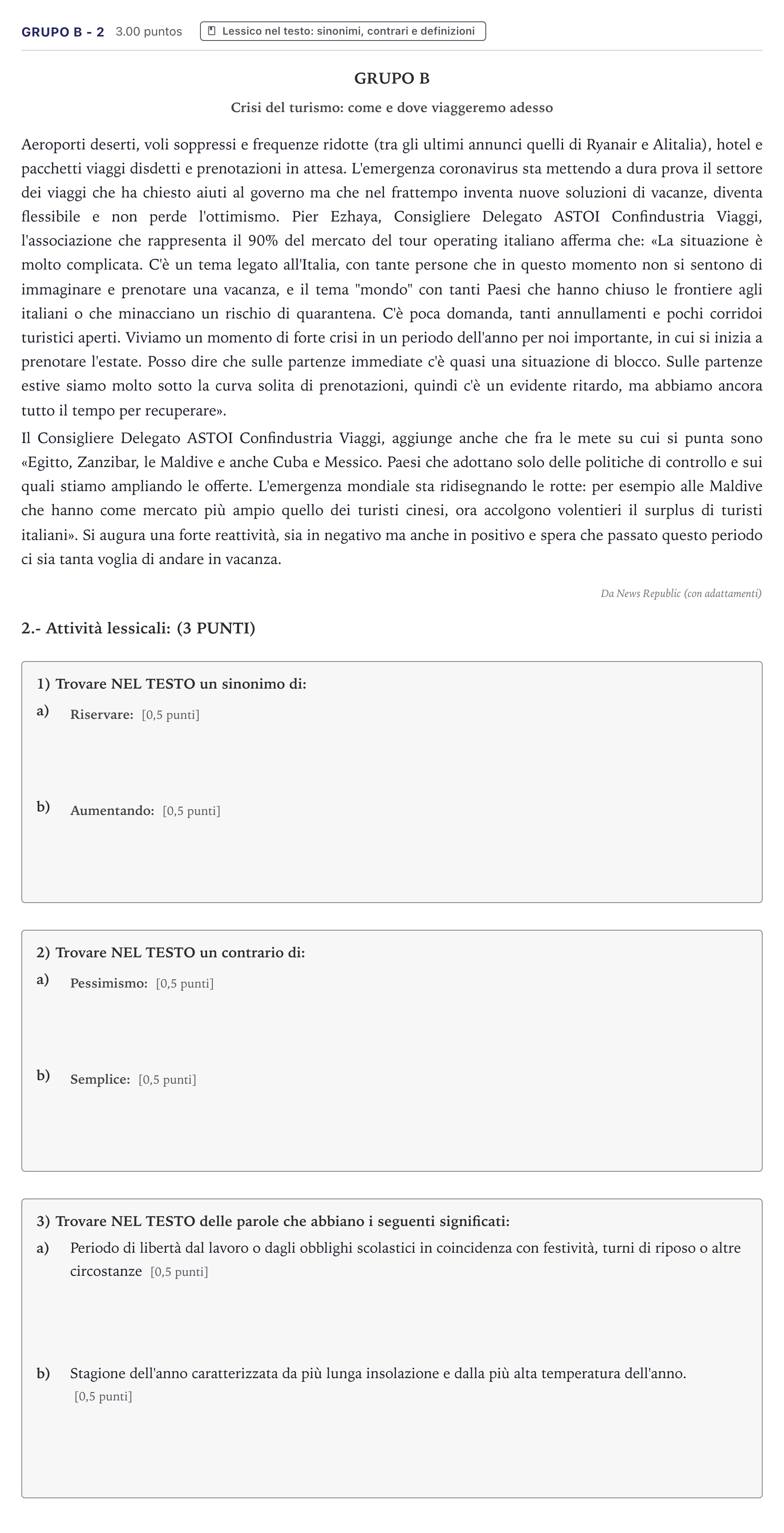 Enunciado: Ejercicio Grupo B - 2 · Italiano PAU Canarias Junio (Humanidades) 2021