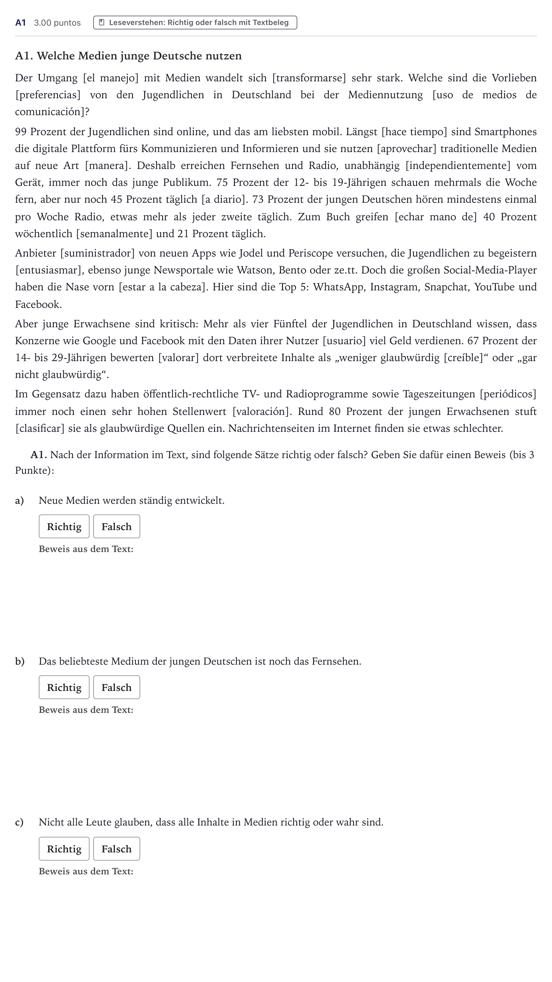 Enunciado: Ejercicio A1 · Alemán PAU Canarias Junio (Humanidades) 2021