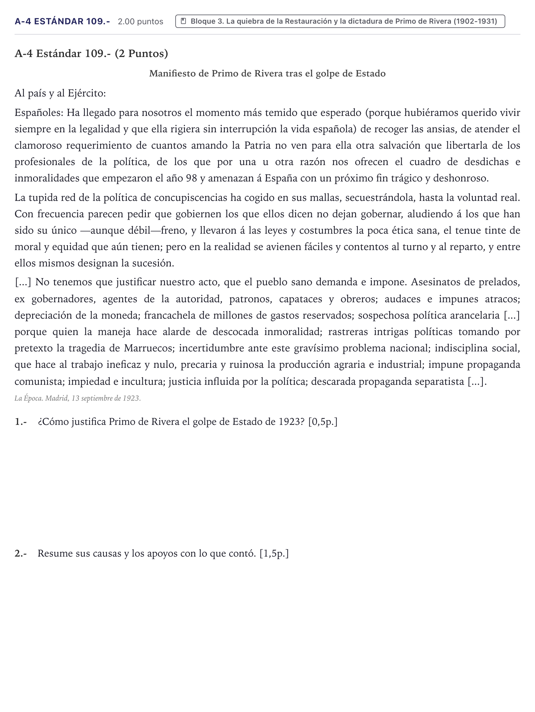 Enunciado: Ejercicio A-4 Estándar 109.- · Historia de España PAU Canarias Junio (Humanidades) 2021