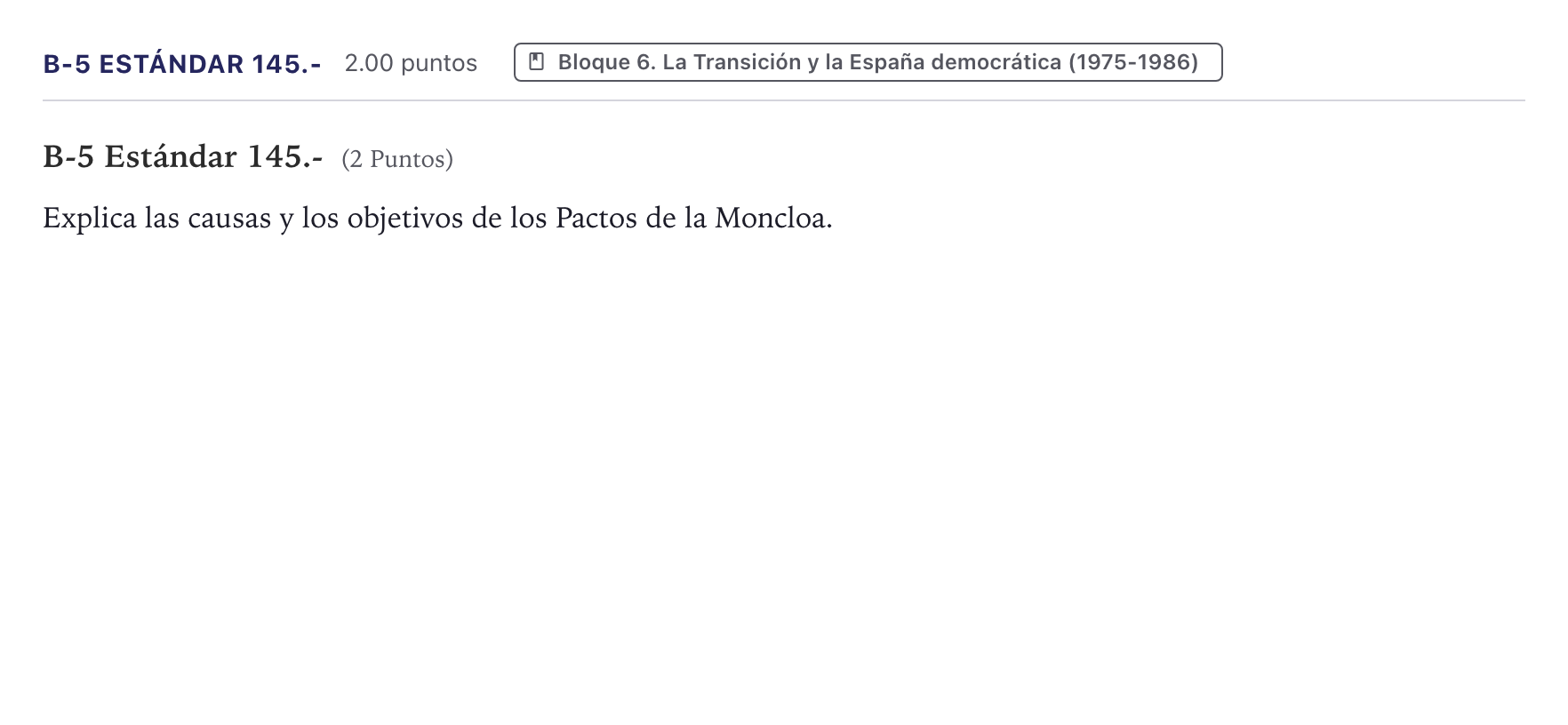 Enunciado: Ejercicio B-5 Estándar 145.- · Historia de España PAU Canarias Junio (Humanidades) 2021