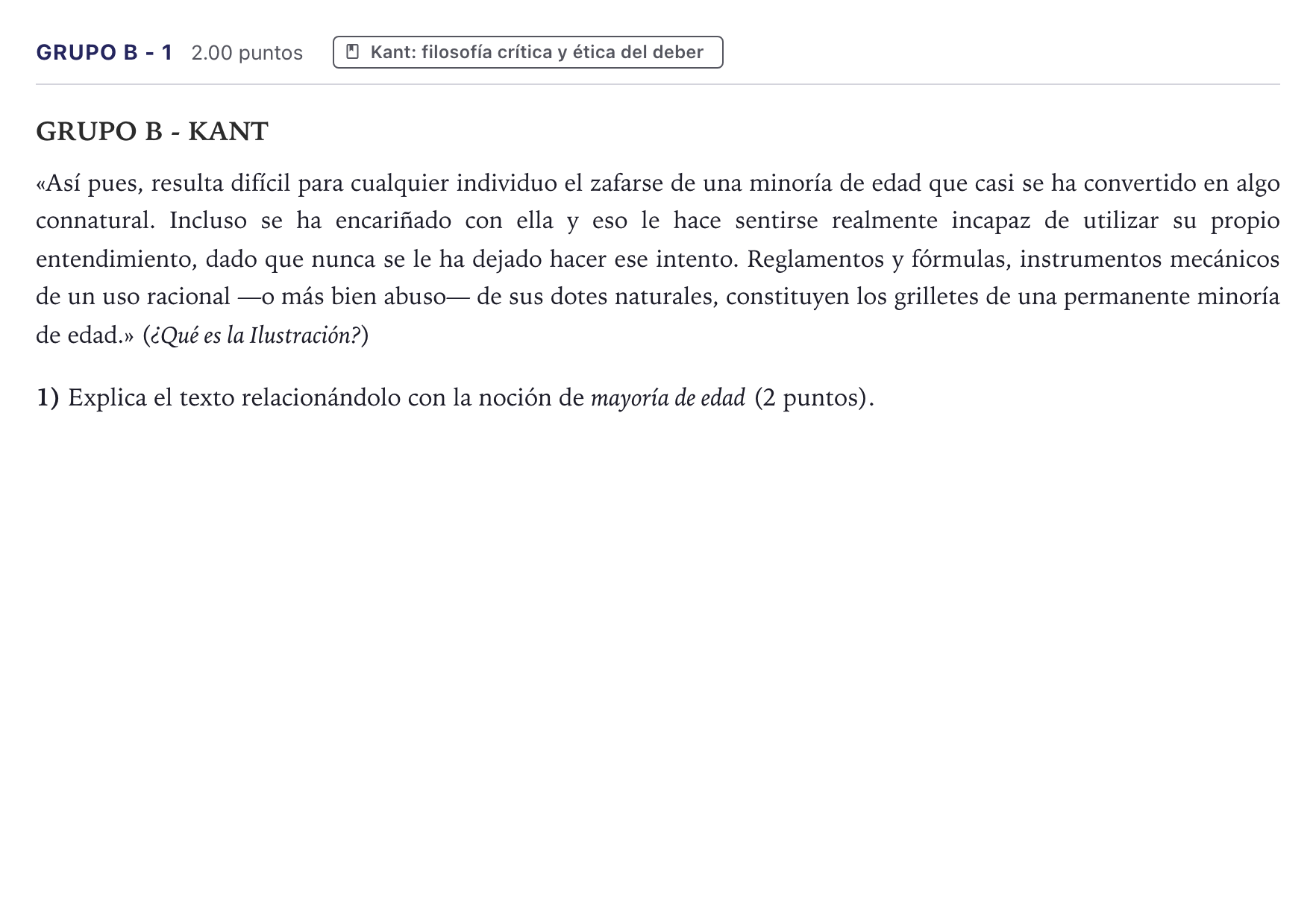 Enunciado: Ejercicio Grupo B - 1 · Historia de la Filosofía PAU Canarias Junio 2021