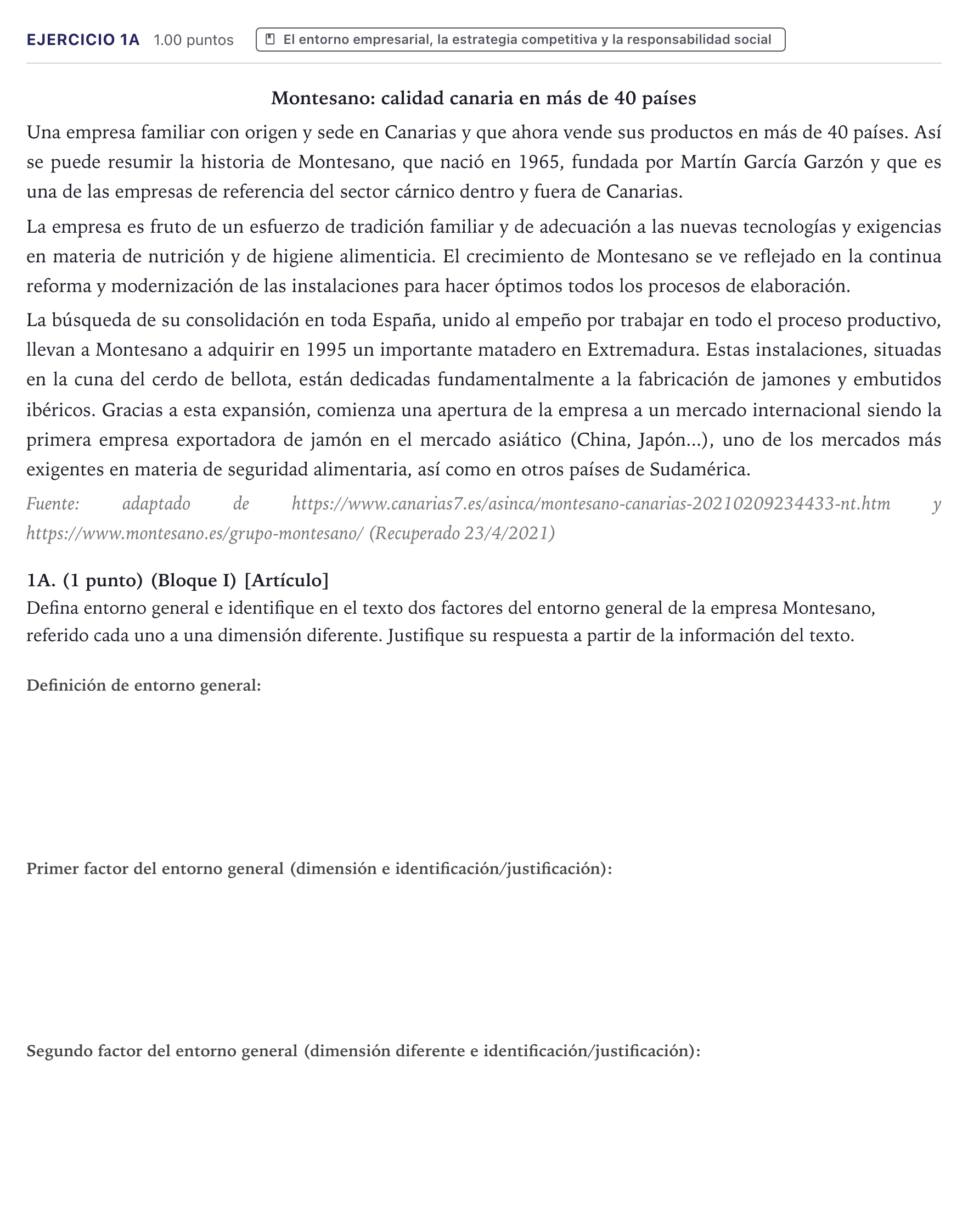 Enunciado: Ejercicio 1A · Economía de la Empresa PAU Canarias Junio 2021