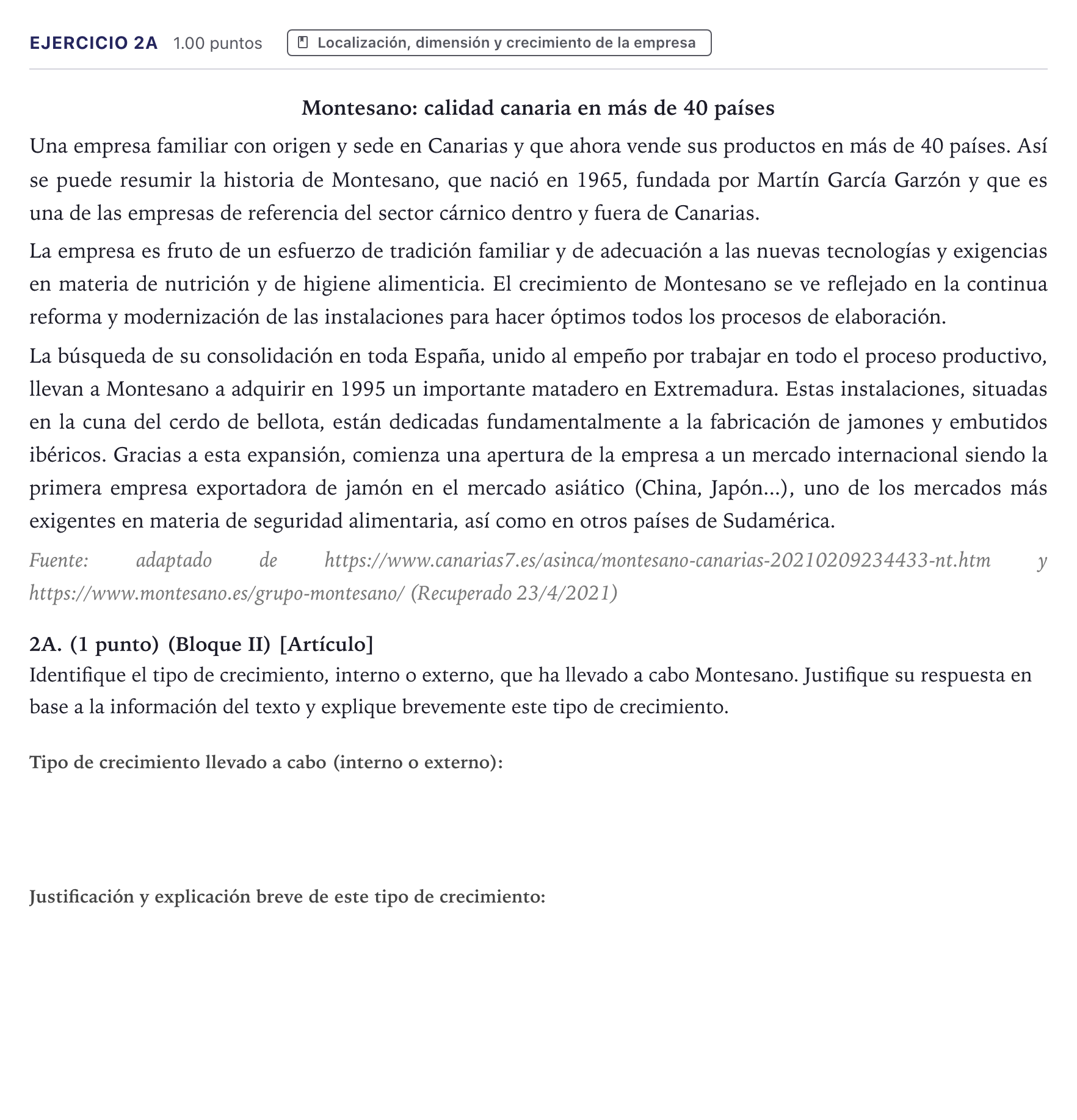 Enunciado: Ejercicio 2A · Economía de la Empresa PAU Canarias Junio 2021