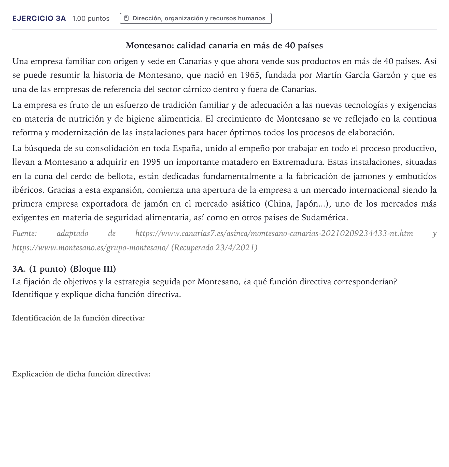 Enunciado: Ejercicio 3A · Economía de la Empresa PAU Canarias Junio 2021