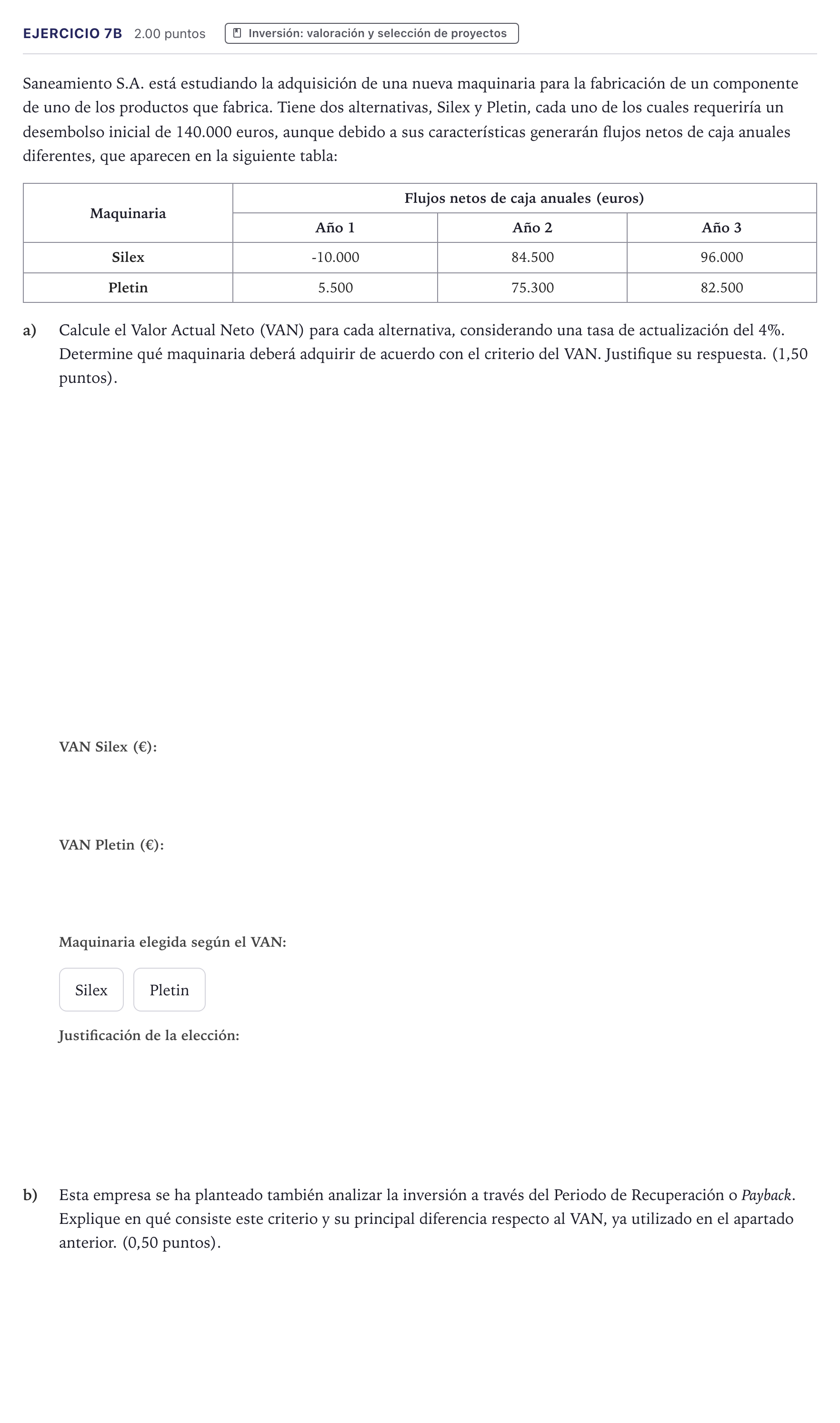 Enunciado: Ejercicio 7B · Economía de la Empresa PAU Canarias Junio 2021